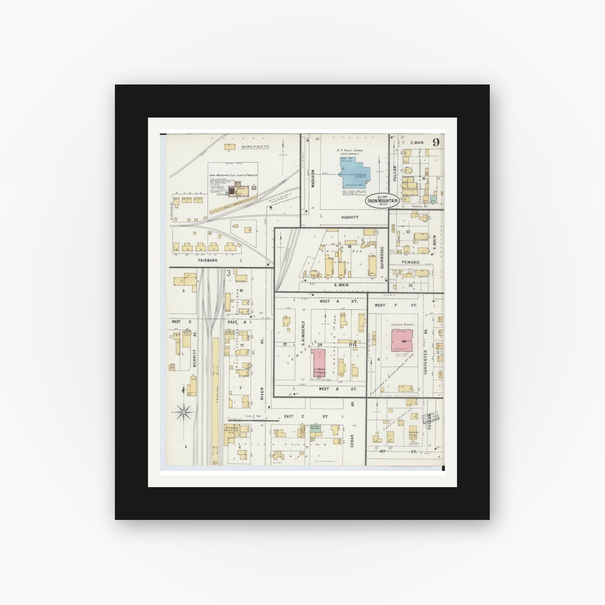 Old map wall art mockup — black gallery frame with white mat — Sanborn Fire Insurance Map from Iron Mountain, Dickinson County, Michigan (1897), Sheet #0009