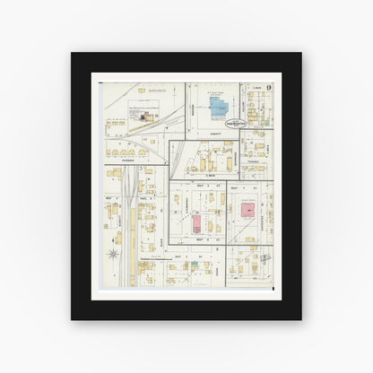 Old map wall art mockup — black gallery frame with white mat — Sanborn Fire Insurance Map from Iron Mountain, Dickinson County, Michigan (1897), Sheet #0009