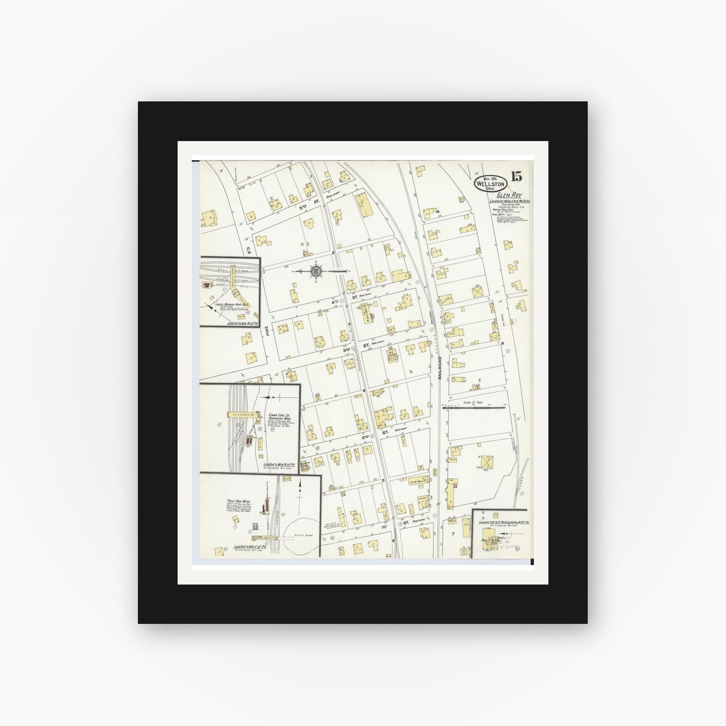 Old map wall art mockup — black gallery frame with white mat — Sanborn Fire Insurance Map from Wellston, Jackson County, Ohio (1911), Sheet #0015