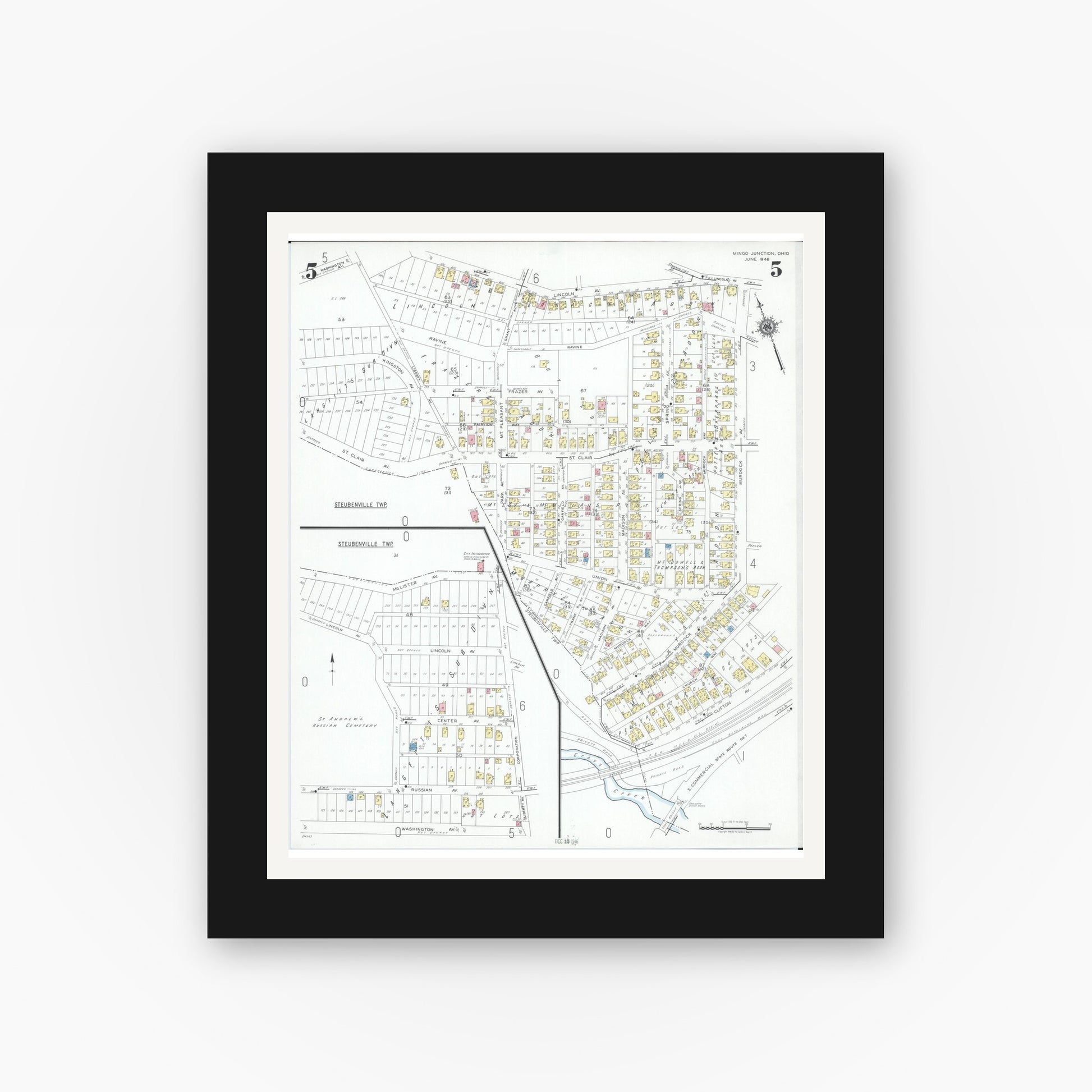 Old map wall art mockup — black gallery frame with white mat — Sanborn Fire Insurance Map from Mingo Junction, Jefferson County, Ohio (1946), Sheet #0005