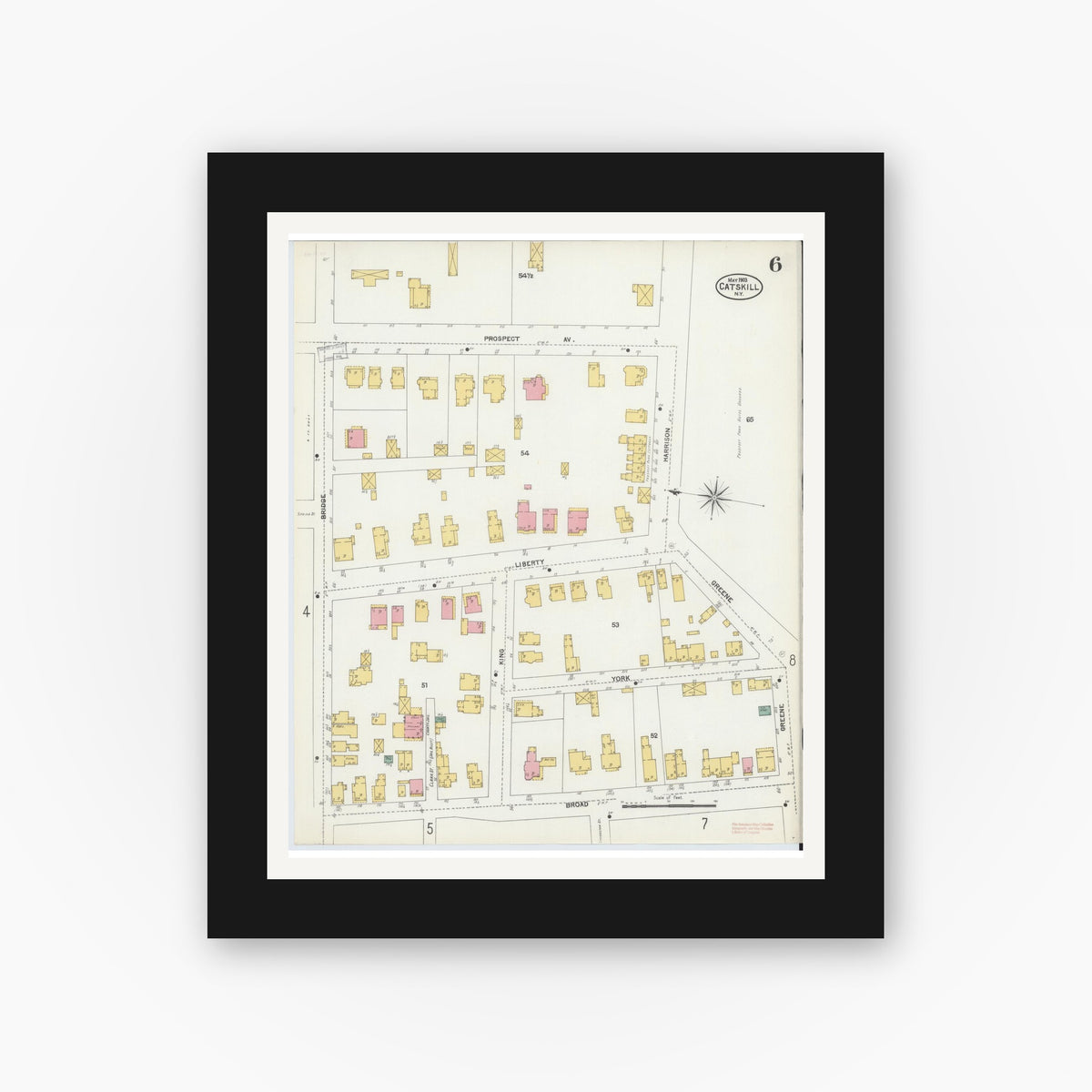 Old map wall art mockup — black gallery frame with white mat — Sanborn Fire Insurance Map from Catskill, Greene County, New York (1903), Sheet #0006