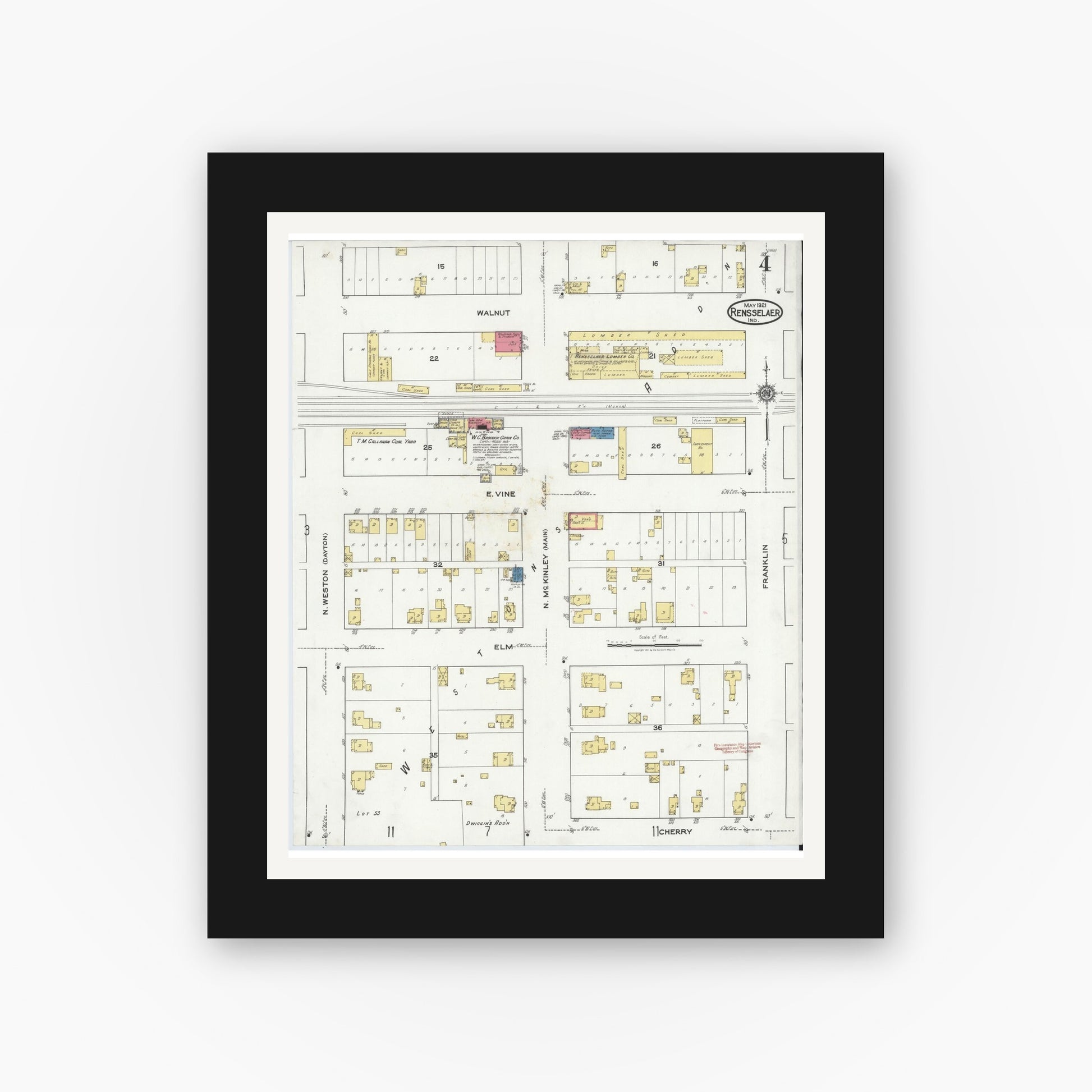 Old map wall art mockup — black gallery frame with white mat — Sanborn Fire Insurance Map from Rensselaer, Jasper County, Indiana (1921), Sheet #0004