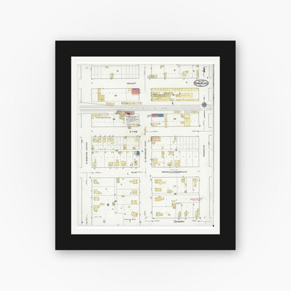 Old map wall art mockup — black gallery frame with white mat — Sanborn Fire Insurance Map from Rensselaer, Jasper County, Indiana (1921), Sheet #0004