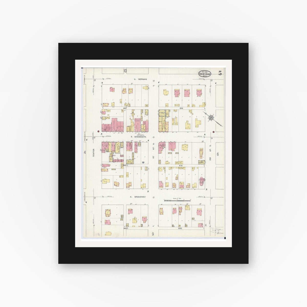 Old map wall art mockup — black gallery frame with white mat — Sanborn Fire Insurance Map from New Ulm, Brown County, Minnesota (1913), Sheet #0005