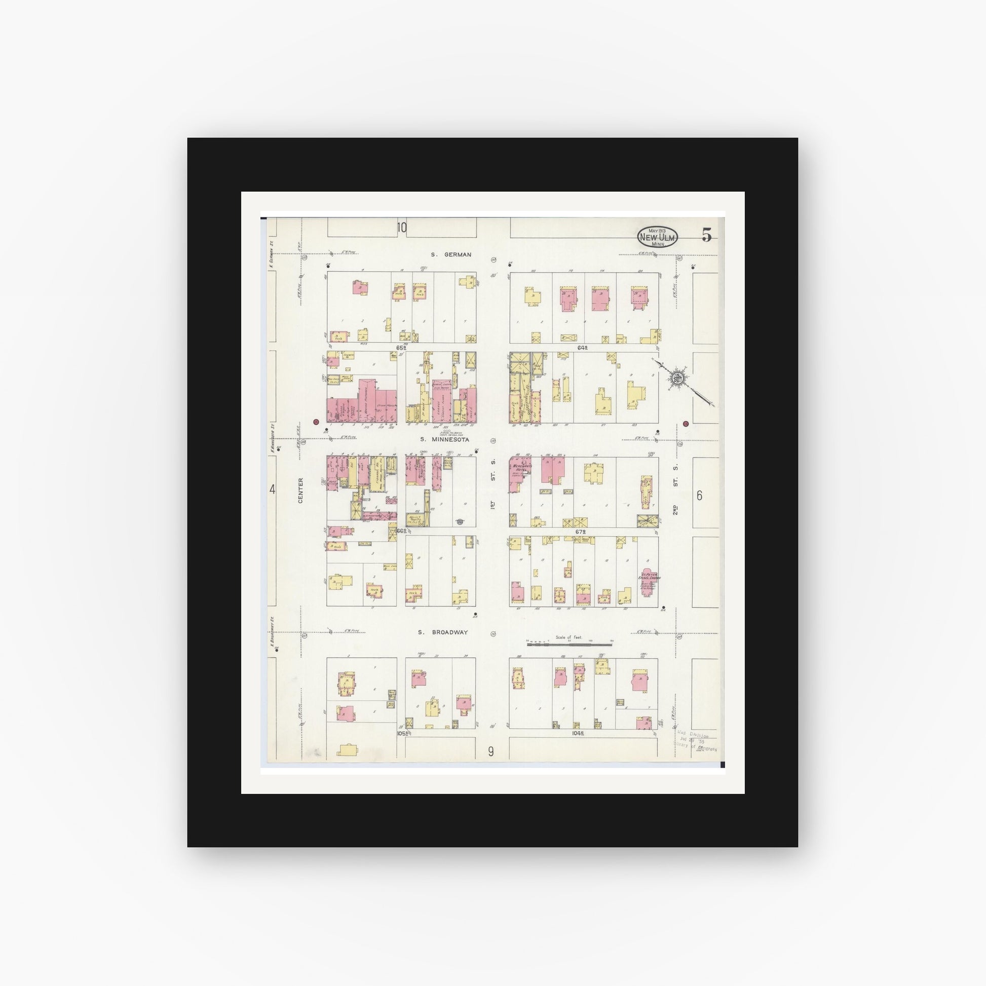 Old map wall art mockup — black gallery frame with white mat — Sanborn Fire Insurance Map from New Ulm, Brown County, Minnesota (1913), Sheet #0005