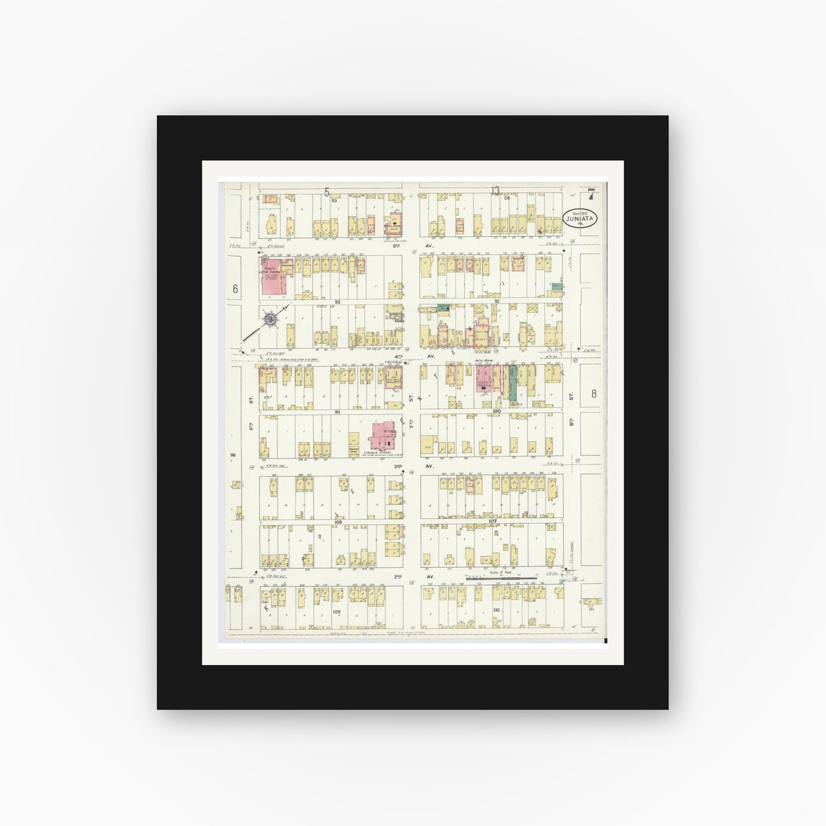 Old map wall art mockup — black gallery frame with white mat — Sanborn Fire Insurance Map from Juniata, Blair County, Pennsylvania (1910), Sheet #0007