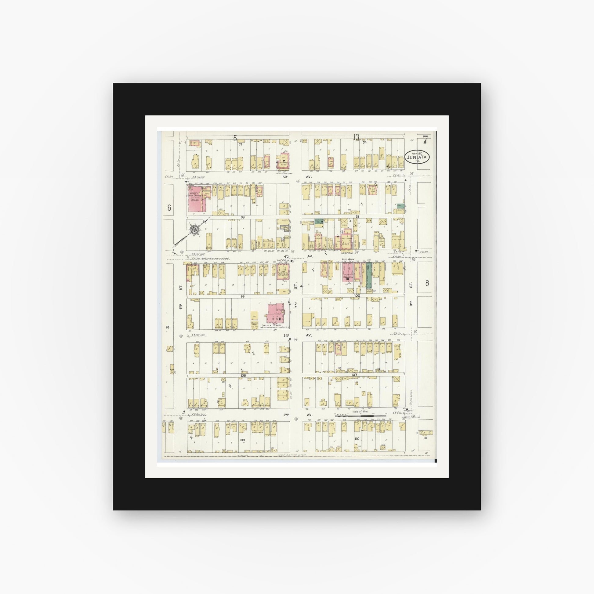 Old map wall art mockup — black gallery frame with white mat — Sanborn Fire Insurance Map from Juniata, Blair County, Pennsylvania (1910), Sheet #0007