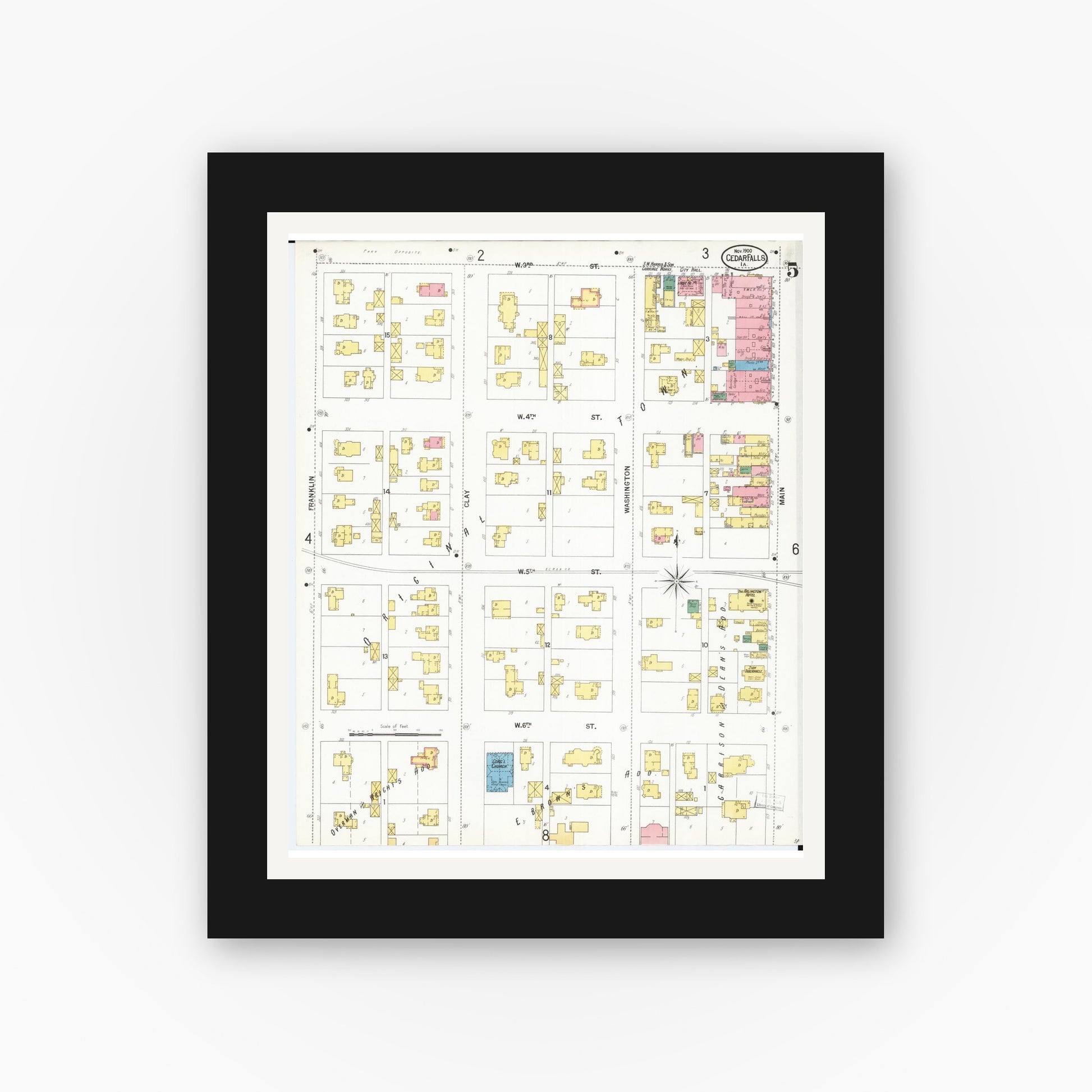 Old map wall art mockup — black gallery frame with white mat — Sanborn Fire Insurance Map from Cedar Falls, Black Hawk County, Iowa (1900), Sheet #0005