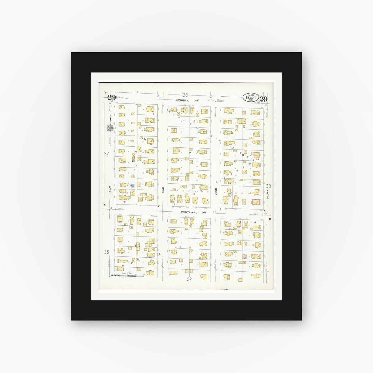 Old map wall art mockup — black gallery frame with white mat — Sanborn Fire Insurance Map from Beloit, Rock County, Wisconsin (1926), Sheet #0029