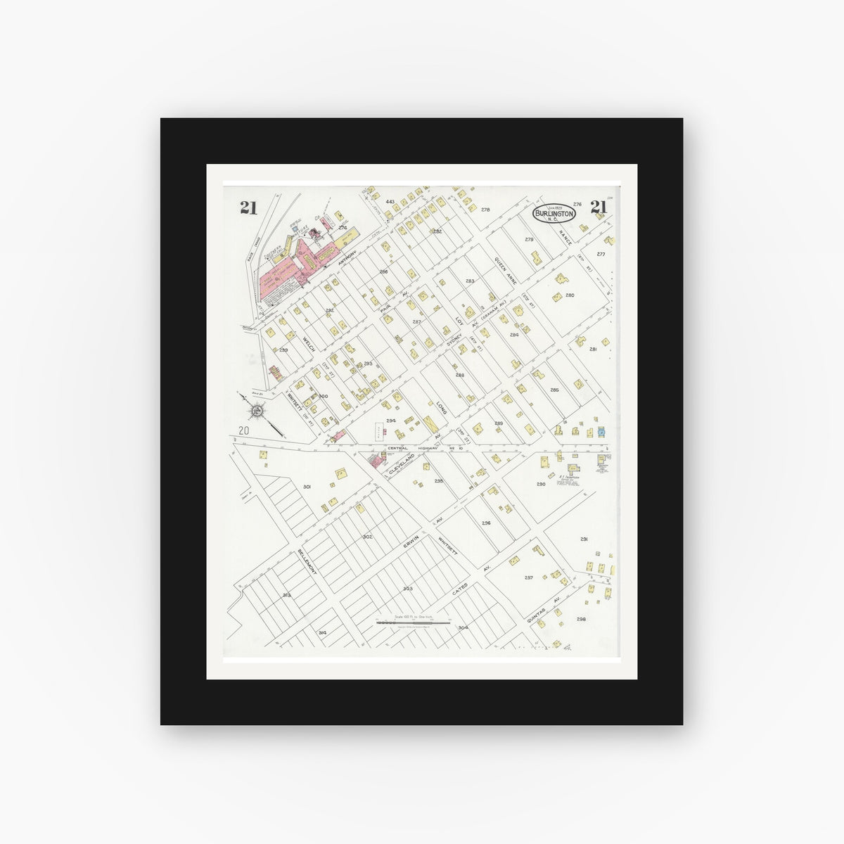 Old map wall art mockup — black gallery frame with white mat — Sanborn Fire Insurance Map from Burlington, Alamance County, North Carolina (1929), Sheet #0021