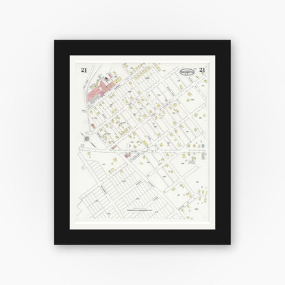 Old map wall art mockup — black gallery frame with white mat — Sanborn Fire Insurance Map from Burlington, Alamance County, North Carolina (1929), Sheet #0021