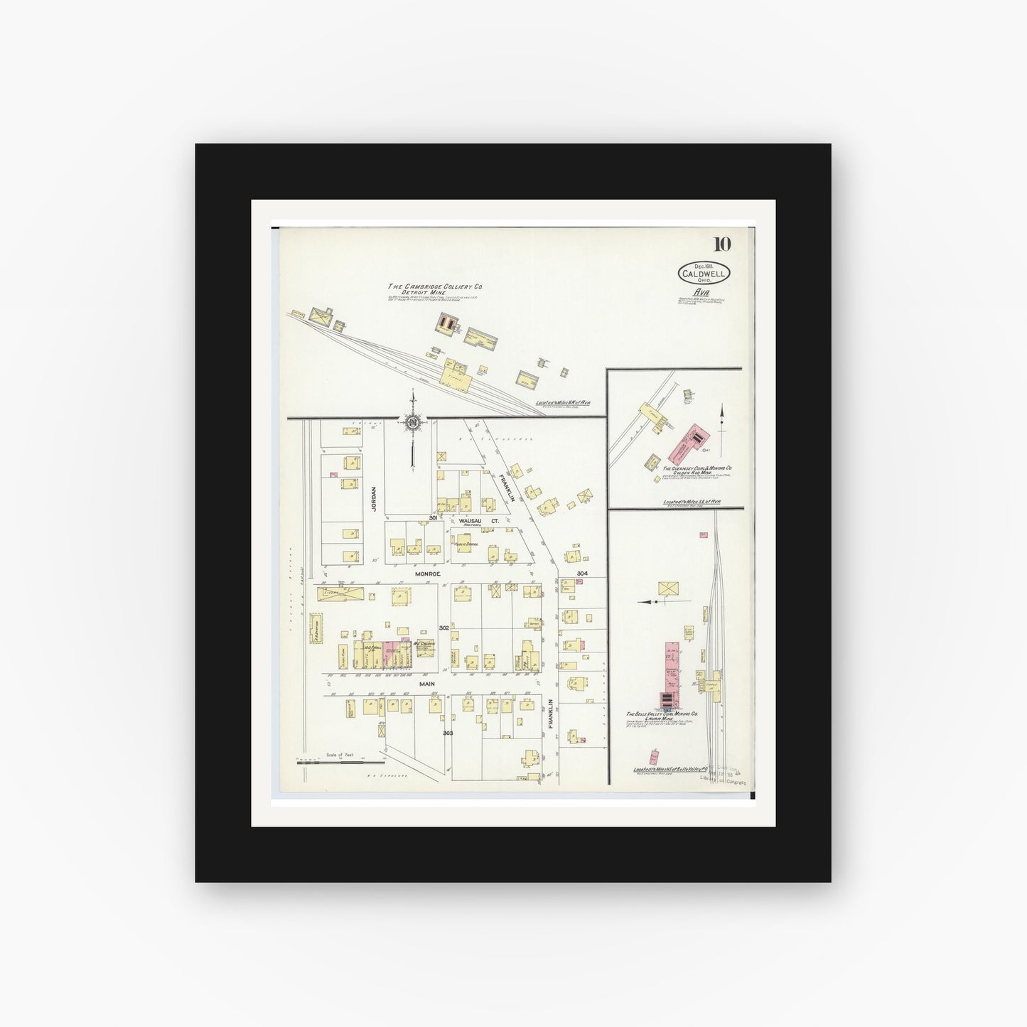 Old map wall art mockup — black gallery frame with white mat — Sanborn Fire Insurance Map from Caldwell, Noble County, Ohio (1911), Sheet #0010