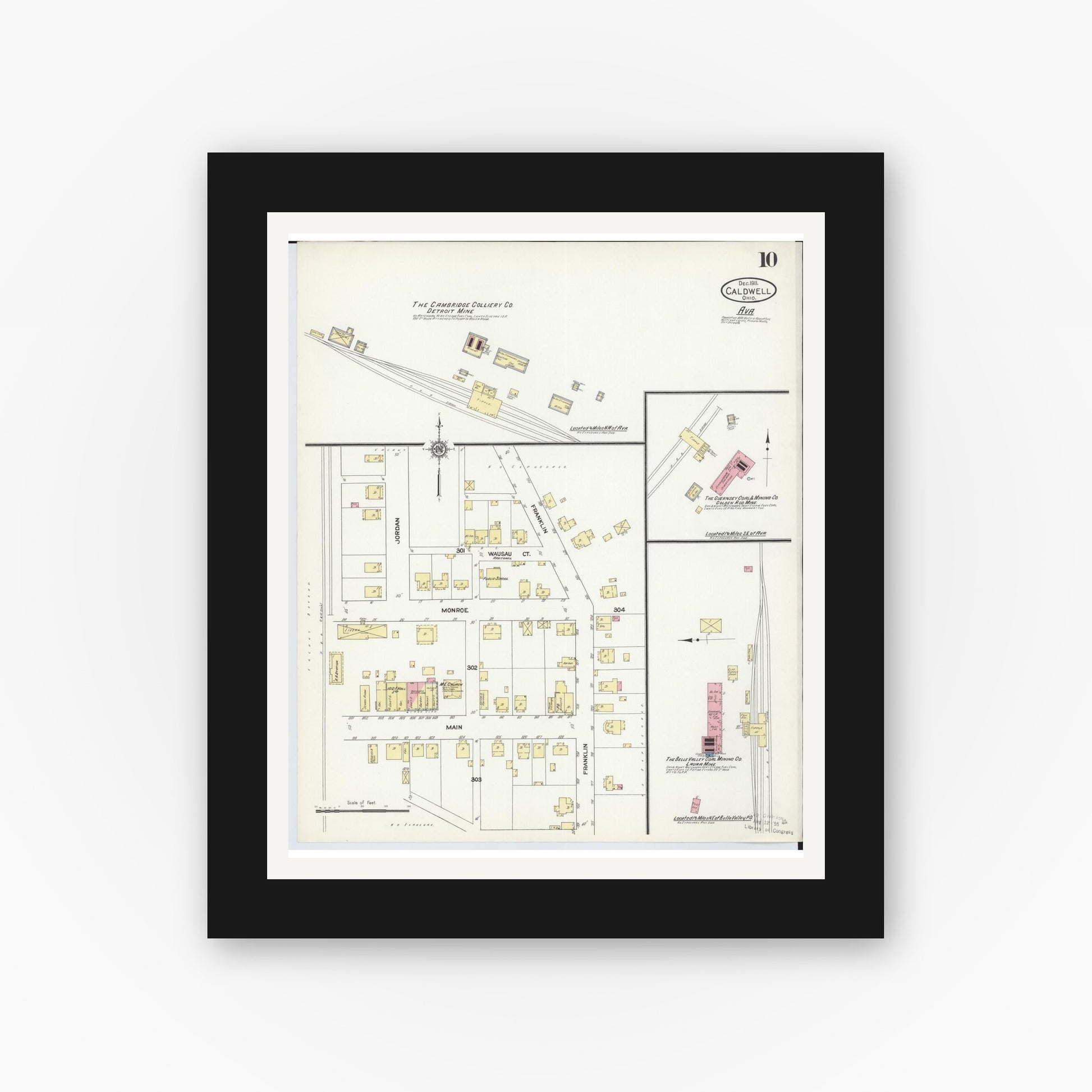 Old map wall art mockup — black gallery frame with white mat — Sanborn Fire Insurance Map from Caldwell, Noble County, Ohio (1911), Sheet #0010