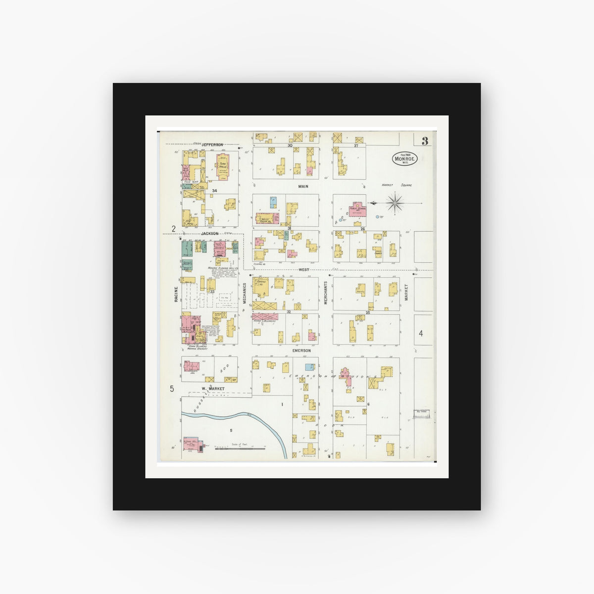 Old map wall art mockup — black gallery frame with white mat — Sanborn Fire Insurance Map from Monroe, Green County, Wisconsin (1900), Sheet #0003