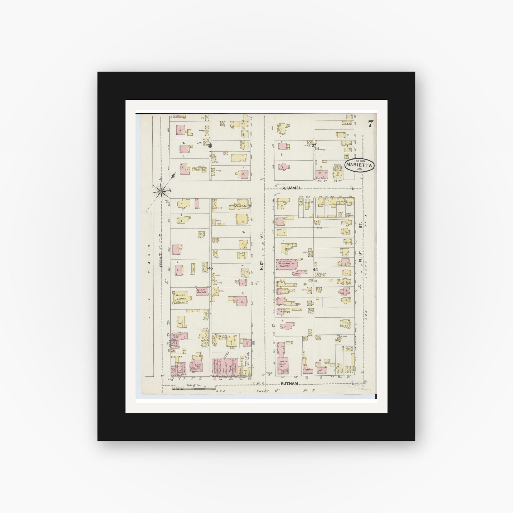 Old map wall art mockup — black gallery frame with white mat — Sanborn Fire Insurance Map from Marietta, Washington County, Ohio (1890), Sheet #0007