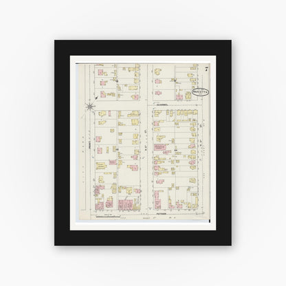Old map wall art mockup — black gallery frame with white mat — Sanborn Fire Insurance Map from Marietta, Washington County, Ohio (1890), Sheet #0007