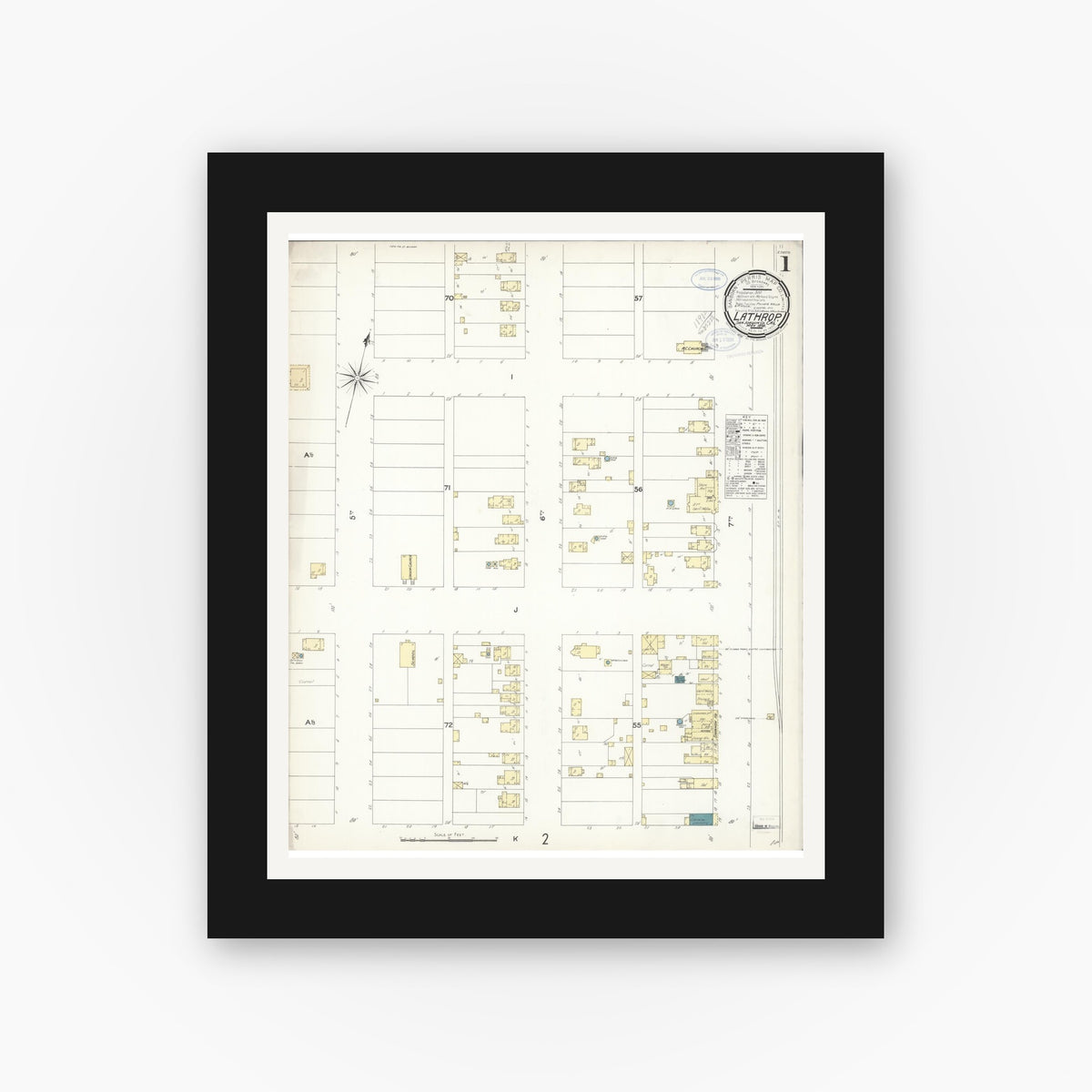Old map wall art mockup — black gallery frame with white mat — Sanborn Fire Insurance Map from Lathrop, San Joaquin County, California (1898) - Complete Map Set