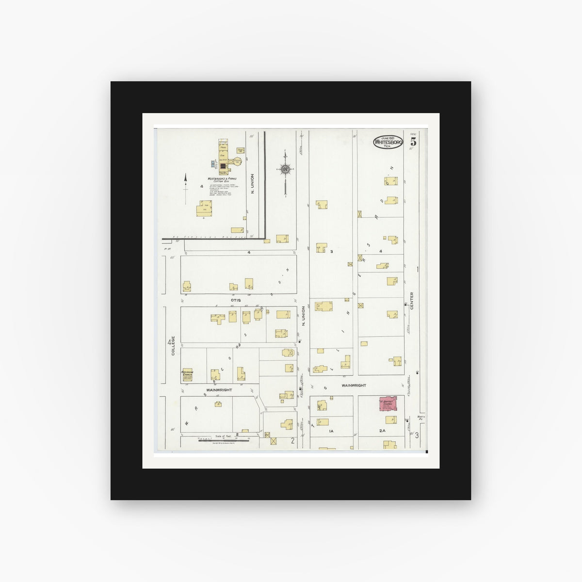 Old map wall art mockup — black gallery frame with white mat — Sanborn Fire Insurance Map from Whitesboro, Grayson County, Texas (1921), Sheet #0005