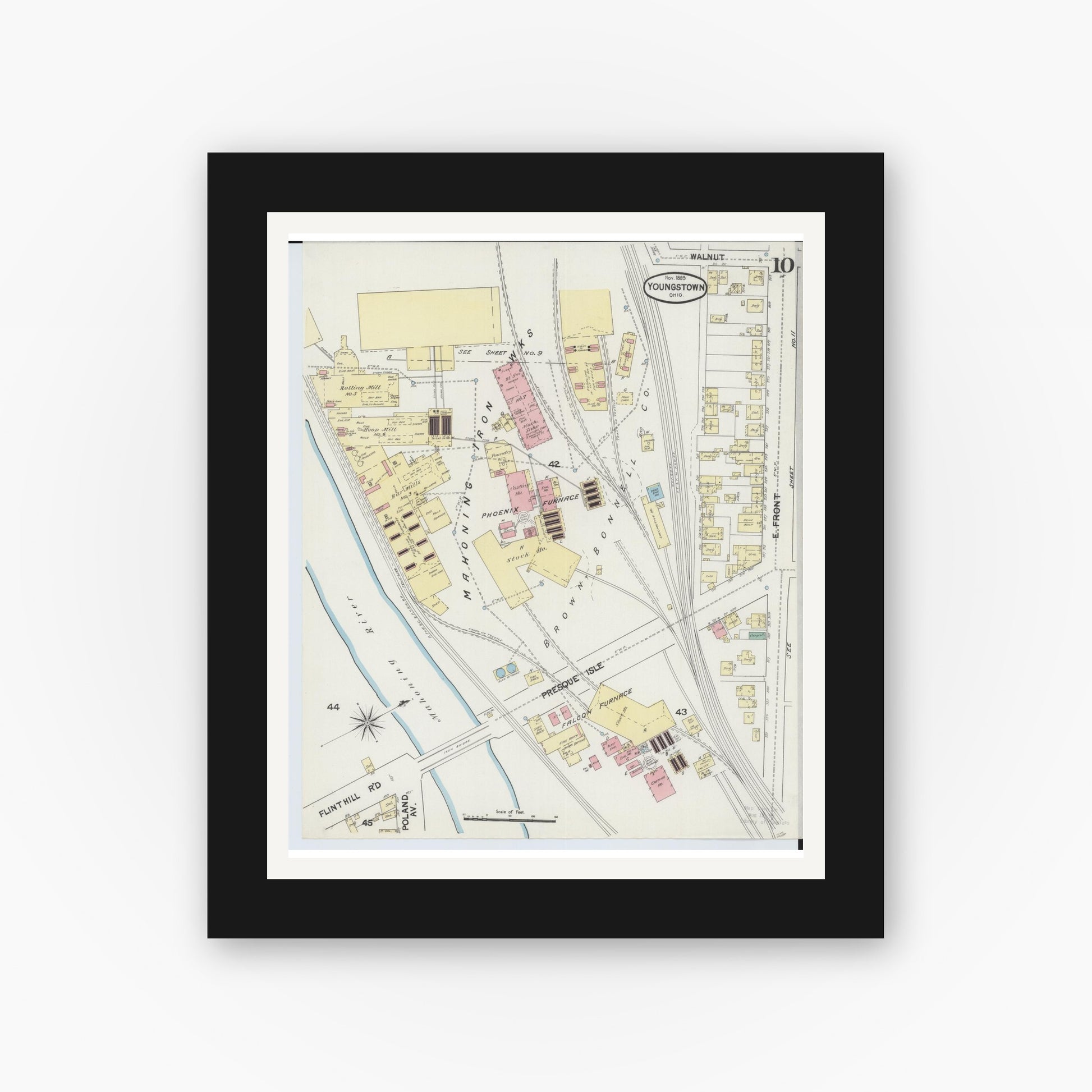 Old map wall art mockup — black gallery frame with white mat — Sanborn Fire Insurance Map from Youngstown, Mahoning County, Ohio (1889), Sheet #0010