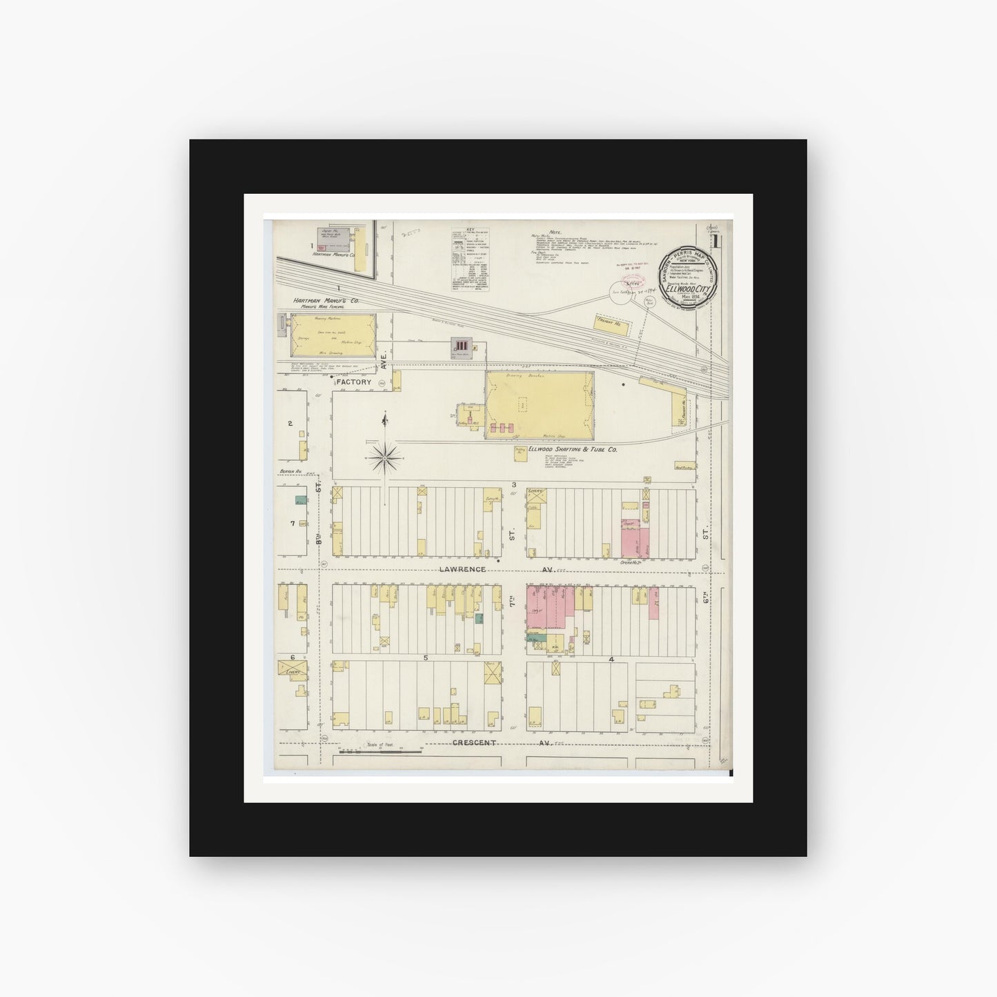 Old map wall art mockup — black gallery frame with white mat — Sanborn Fire Insurance Map from Ellwood City, Lawrence County, Pennsylvania (1894), Sheet #0001