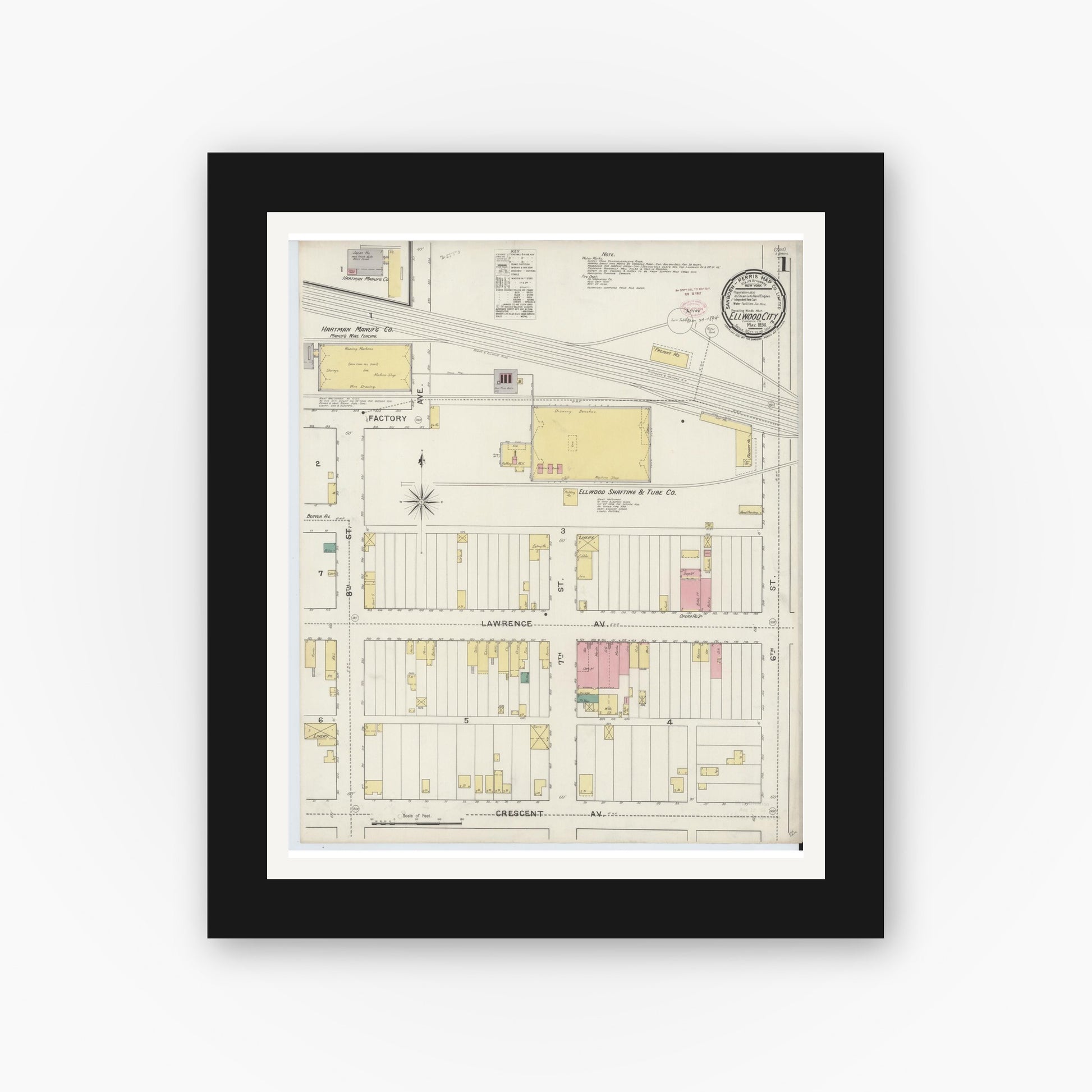 Old map wall art mockup — black gallery frame with white mat — Sanborn Fire Insurance Map from Ellwood City, Lawrence County, Pennsylvania (1894), Sheet #0001