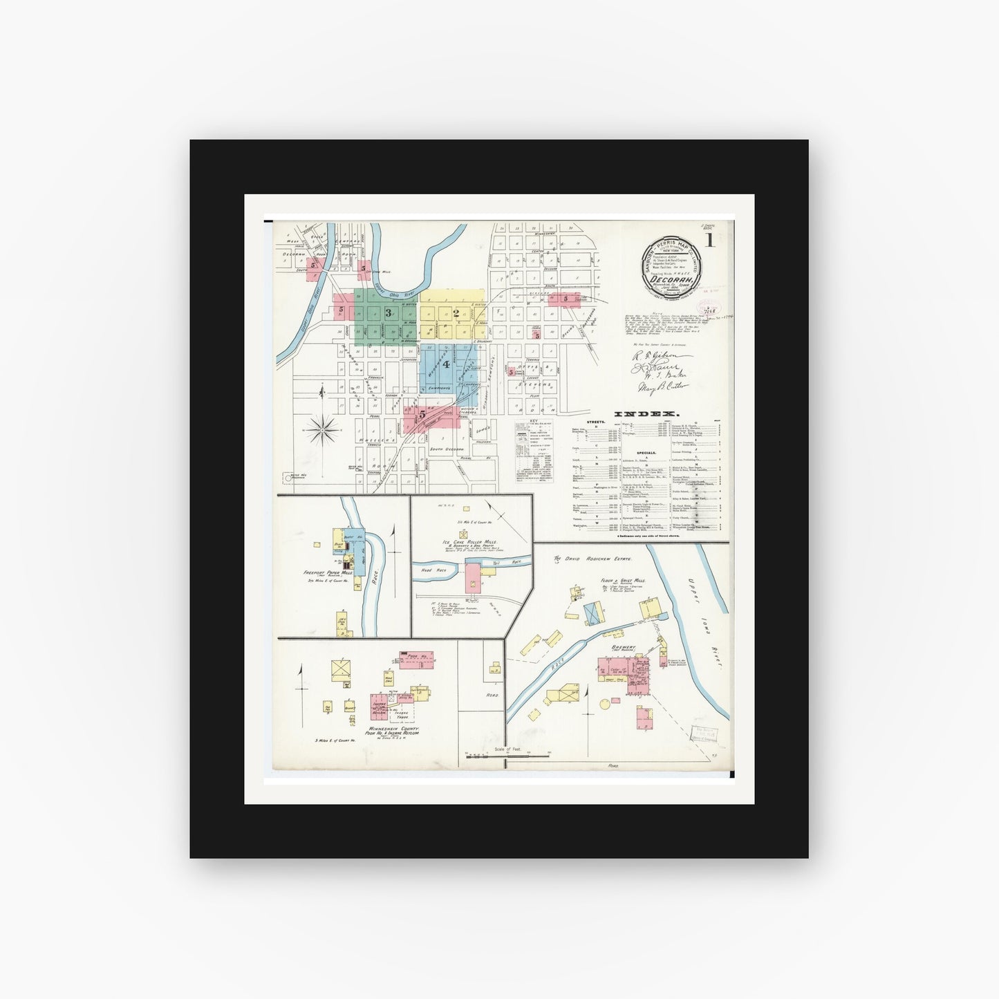 Old map wall art mockup — black gallery frame with white mat — Sanborn Fire Insurance Map from Decorah, Winneshiek County, Iowa (1894), Sheet #0001