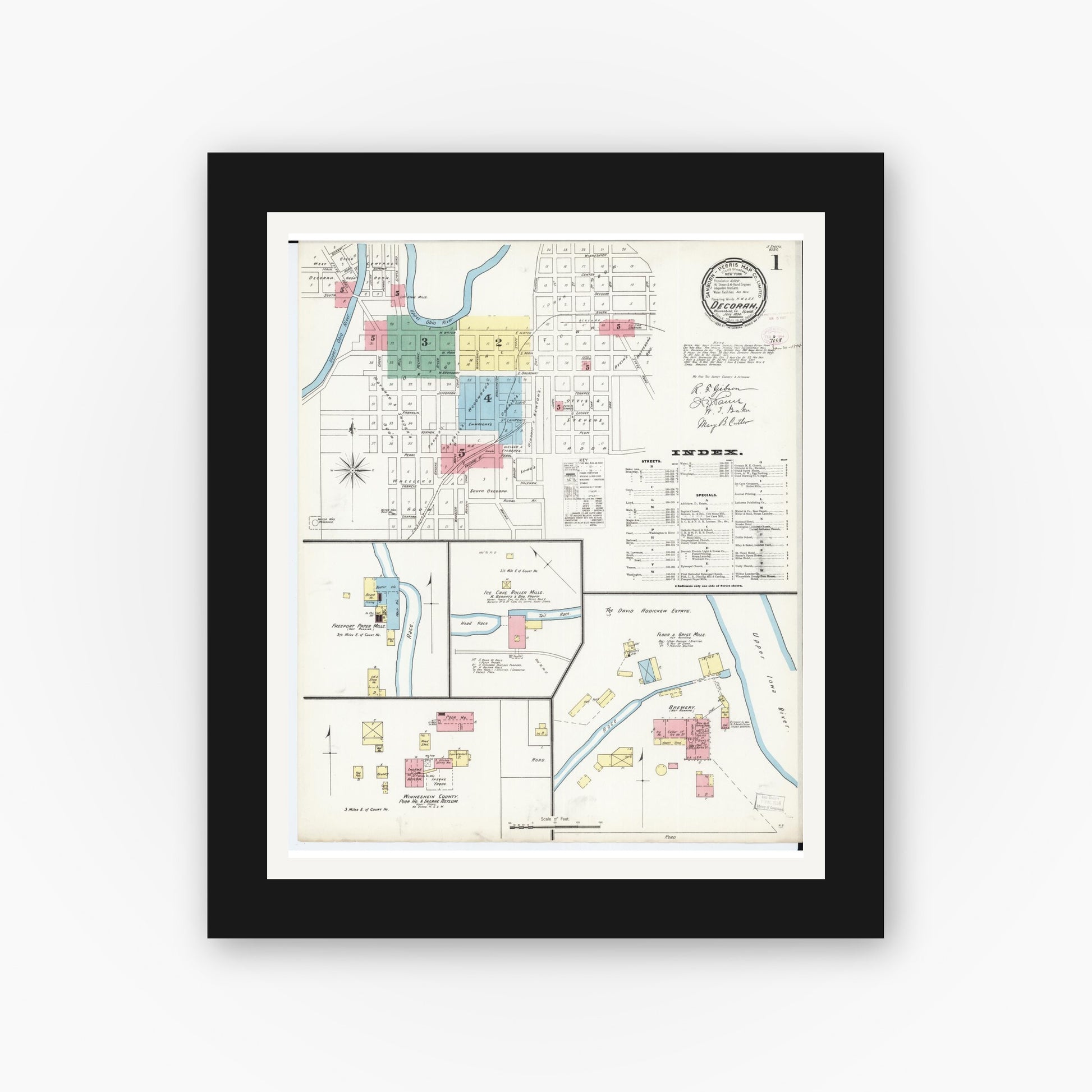 Old map wall art mockup — black gallery frame with white mat — Sanborn Fire Insurance Map from Decorah, Winneshiek County, Iowa (1894), Sheet #0001