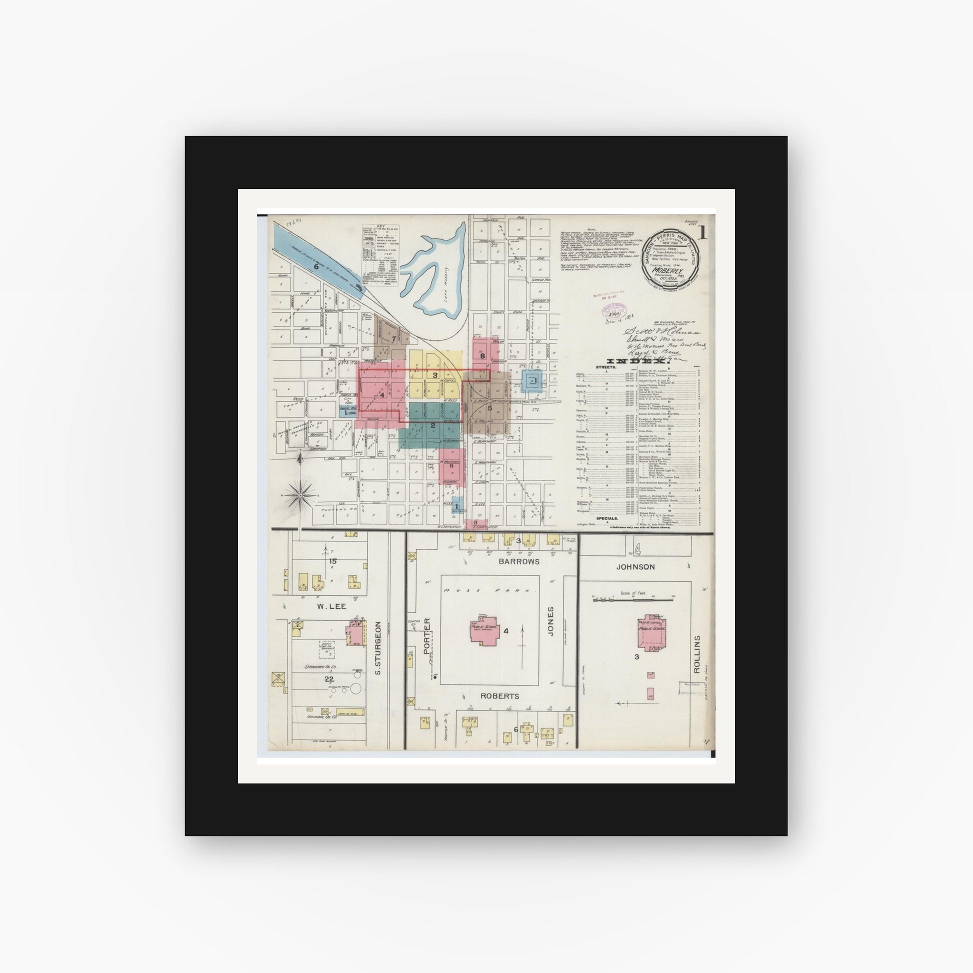 Old map wall art mockup — black gallery frame with white mat — Sanborn Fire Insurance Map from Moberly, Randolph County, Missouri (1893), Sheet #0001
