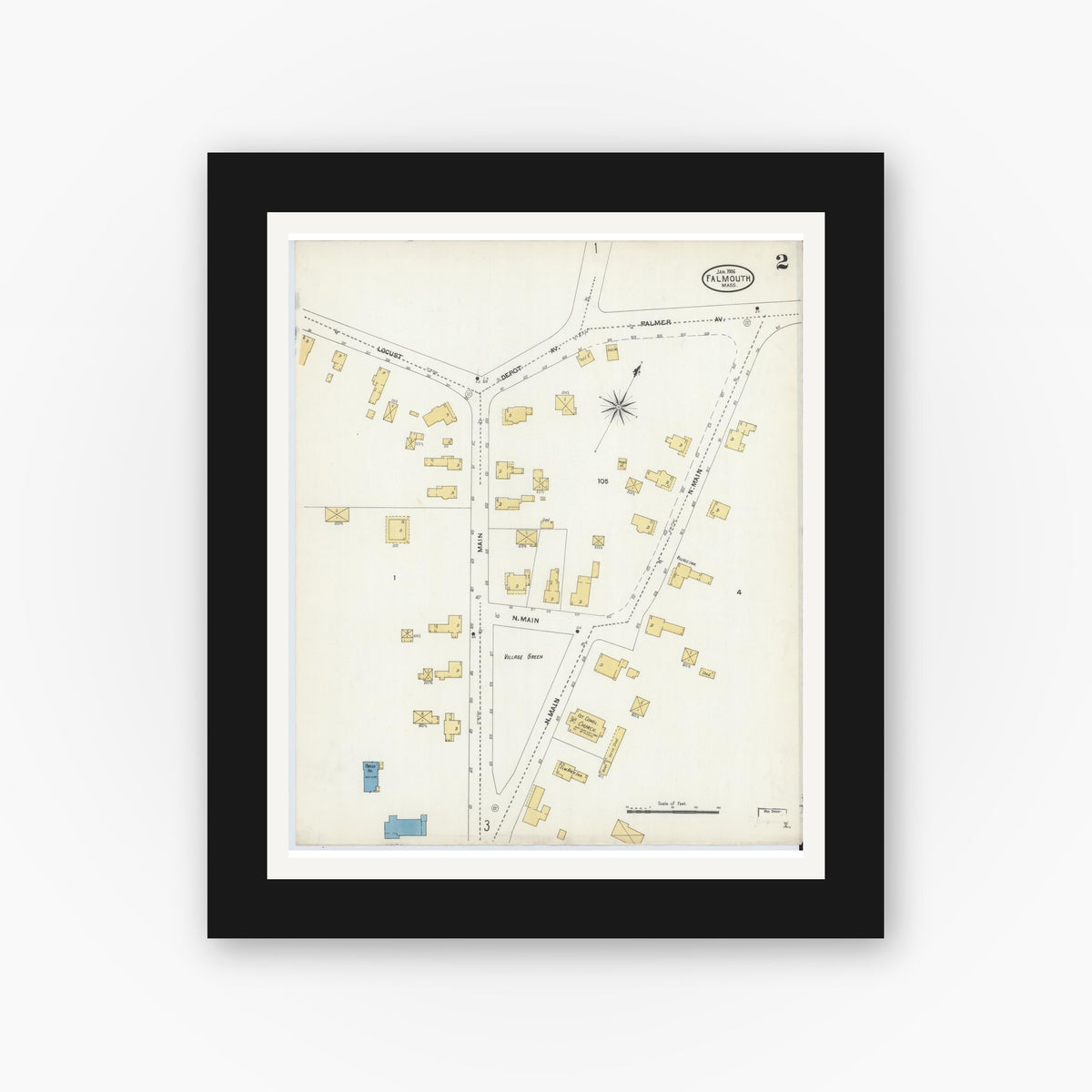 Old map wall art mockup — black gallery frame with white mat — Sanborn Fire Insurance Map from Falmouth, Barnstable County, Massachusetts (1906), Sheet #0002