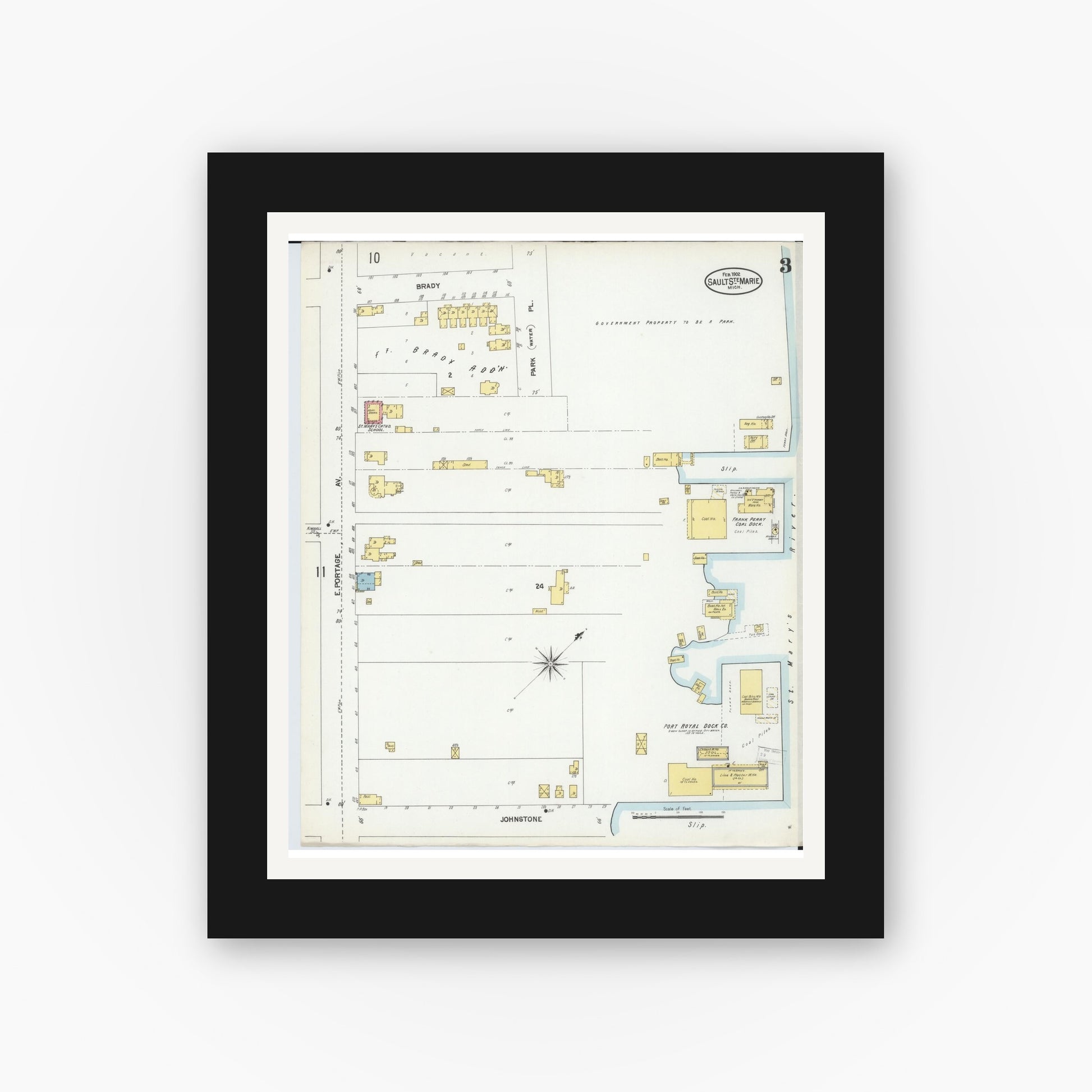 Old map wall art mockup — black gallery frame with white mat — Sanborn Fire Insurance Map from Sault Sainte Marie, Chippewa County, Michigan (1902), Sheet #0003