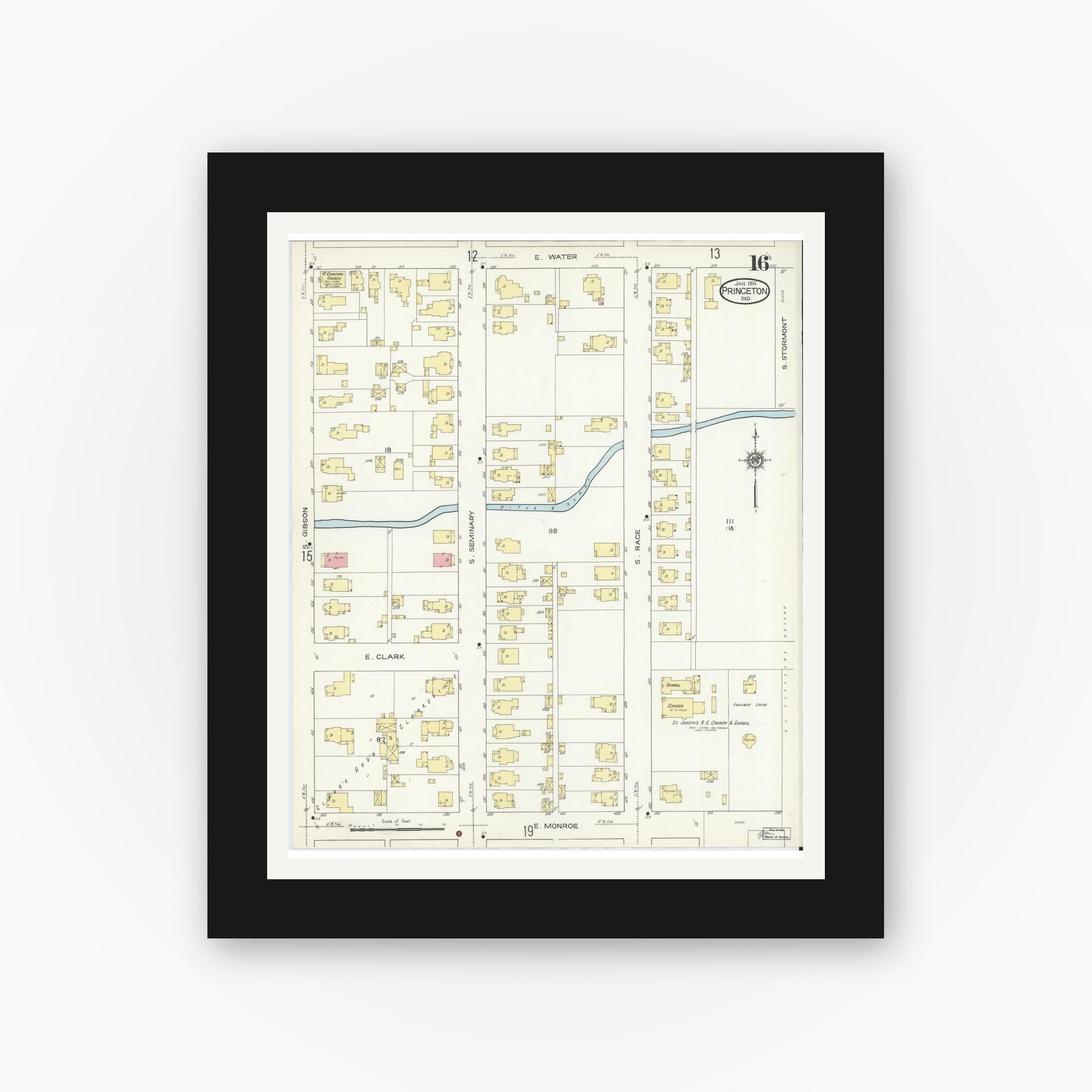 Old map wall art mockup — black gallery frame with white mat — Sanborn Fire Insurance Map from Princeton, Gibson County, Indiana (1914), Sheet #0016