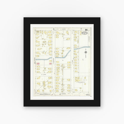 Old map wall art mockup — black gallery frame with white mat — Sanborn Fire Insurance Map from Princeton, Gibson County, Indiana (1914), Sheet #0016