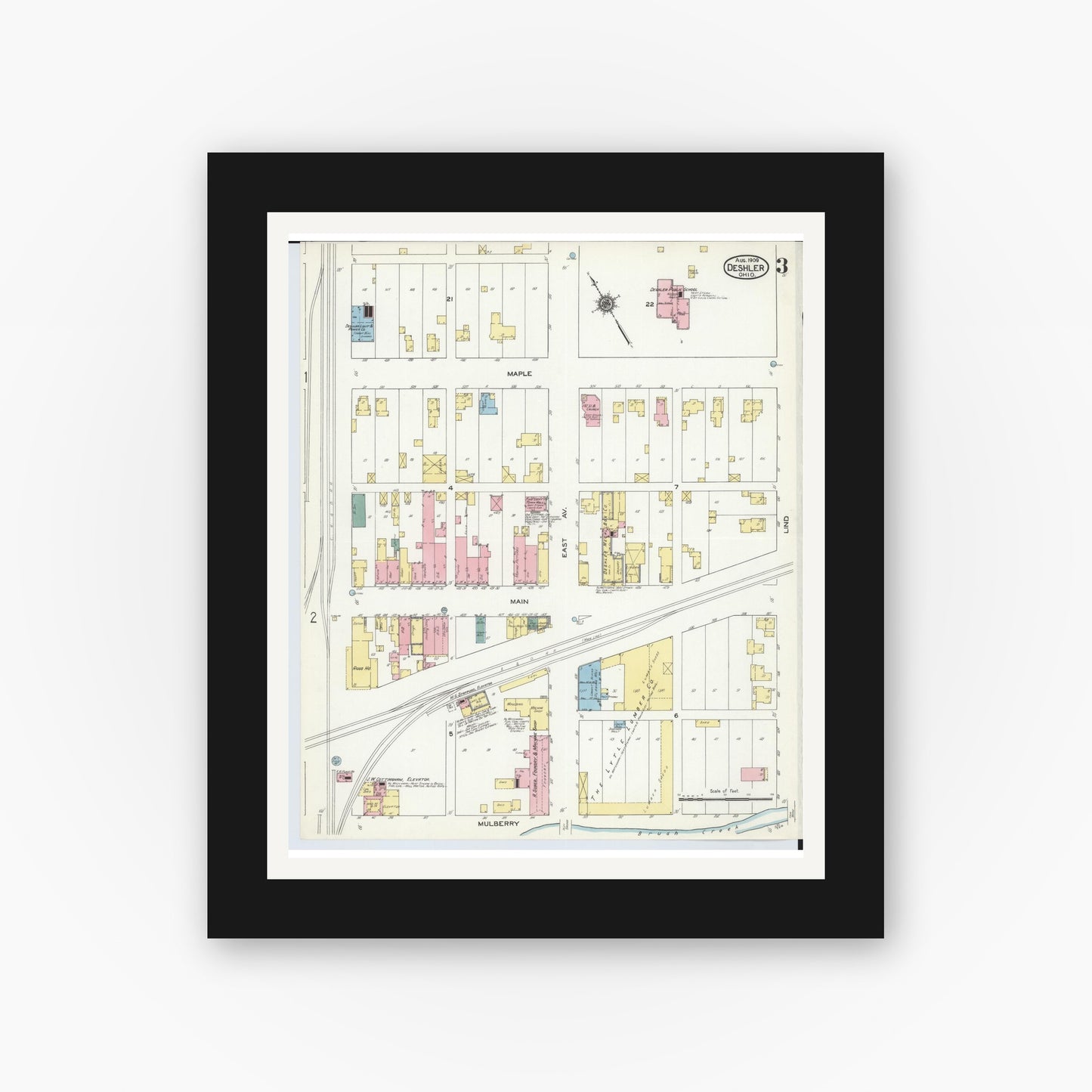 Old map wall art mockup — black gallery frame with white mat — Sanborn Fire Insurance Map from Deshler, Henry County, Ohio (1909), Sheet #0003