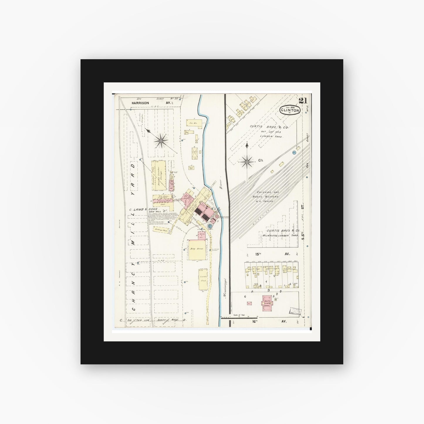 Old map wall art mockup — black gallery frame with white mat — Sanborn Fire Insurance Map from Clinton, Clinton County, Iowa (1890), Sheet #0021