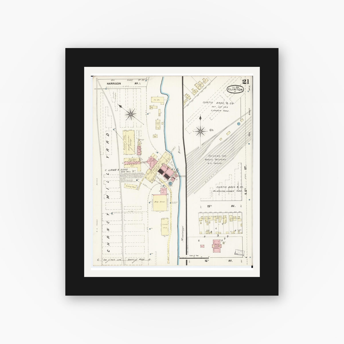 Old map wall art mockup — black gallery frame with white mat — Sanborn Fire Insurance Map from Clinton, Clinton County, Iowa (1890), Sheet #0021