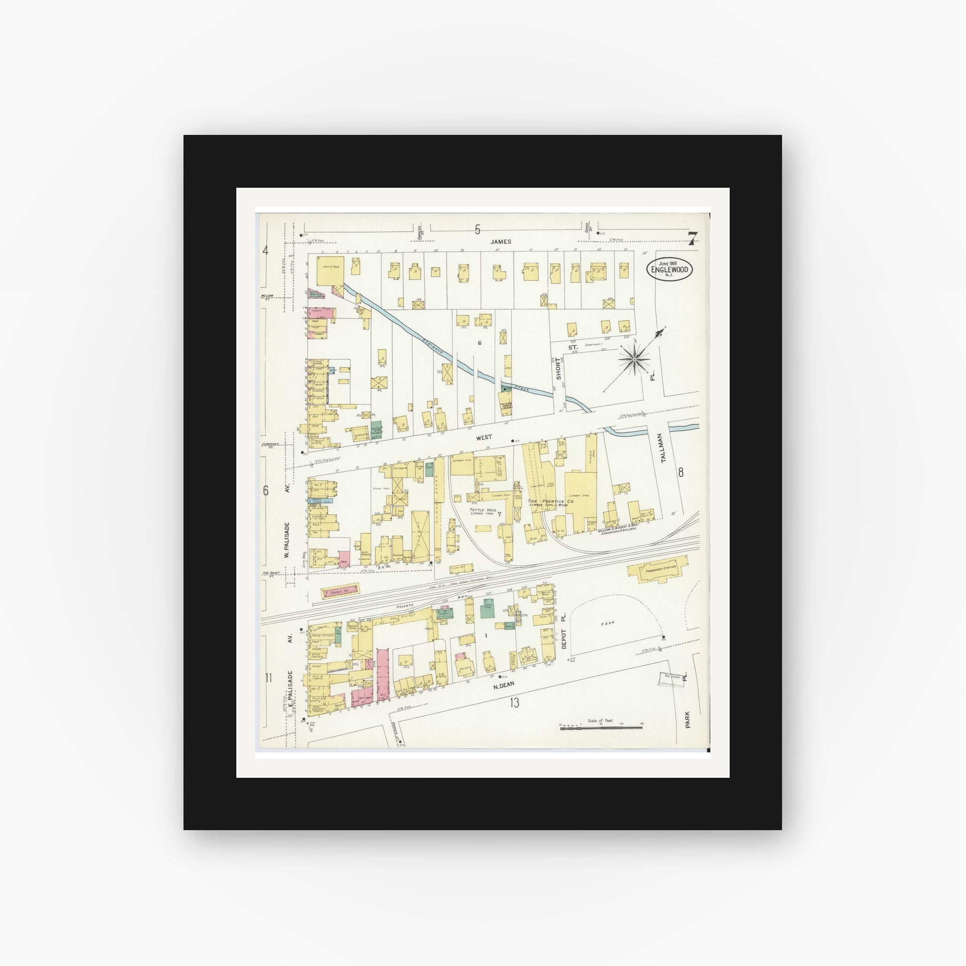 Old map wall art mockup — black gallery frame with white mat — Sanborn Fire Insurance Map from Englewood, Bergen County, New Jersey (1908), Sheet #0007