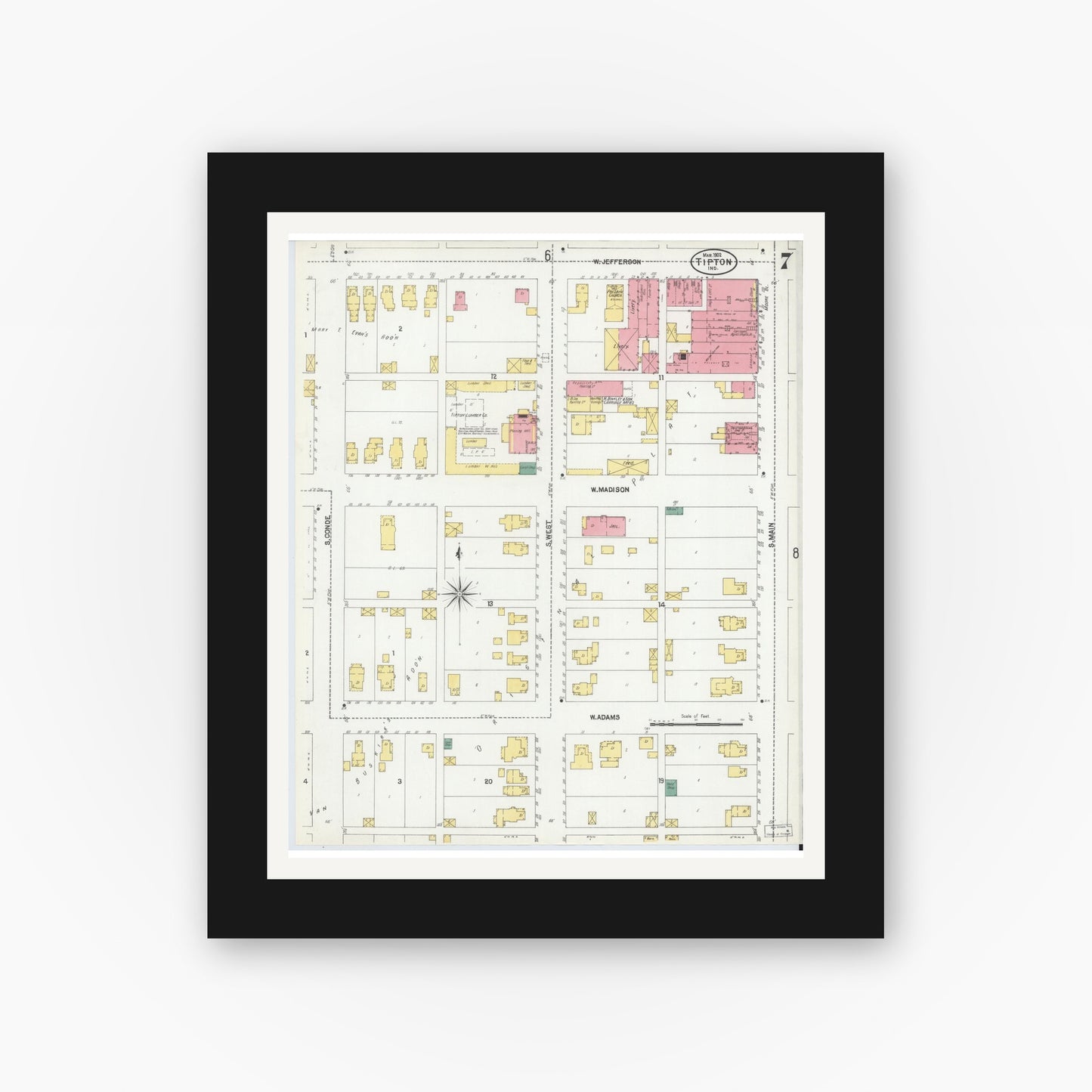 Old map wall art mockup — black gallery frame with white mat — Sanborn Fire Insurance Map from Tipton, Tipton County, Indiana (1902), Sheet #0007