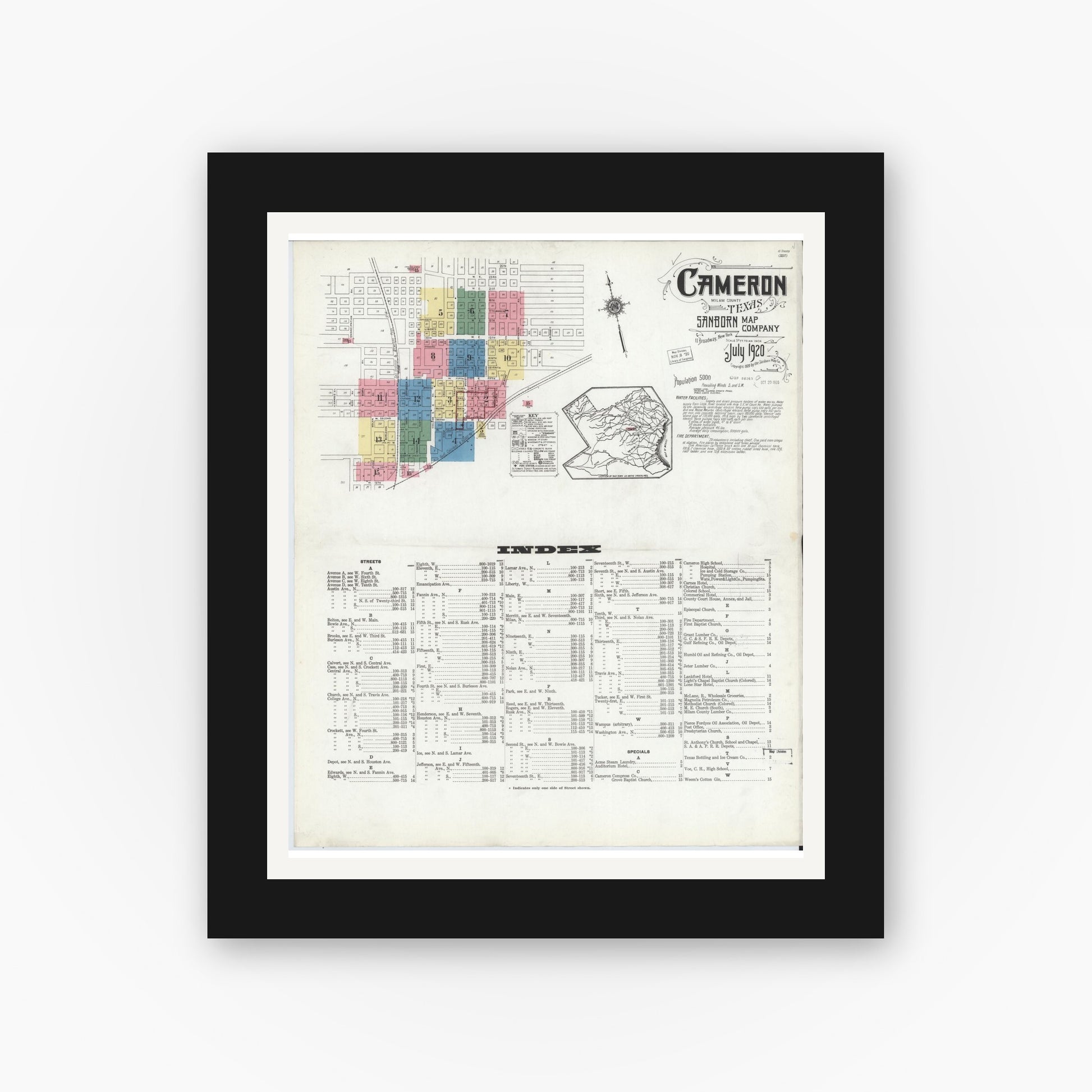 Old map wall art mockup — black gallery frame with white mat — Sanborn Fire Insurance Map from Cameron, Milam County, Texas (1920), Sheet #0001