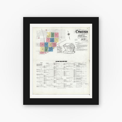 Old map wall art mockup — black gallery frame with white mat — Sanborn Fire Insurance Map from Cameron, Milam County, Texas (1920), Sheet #0001