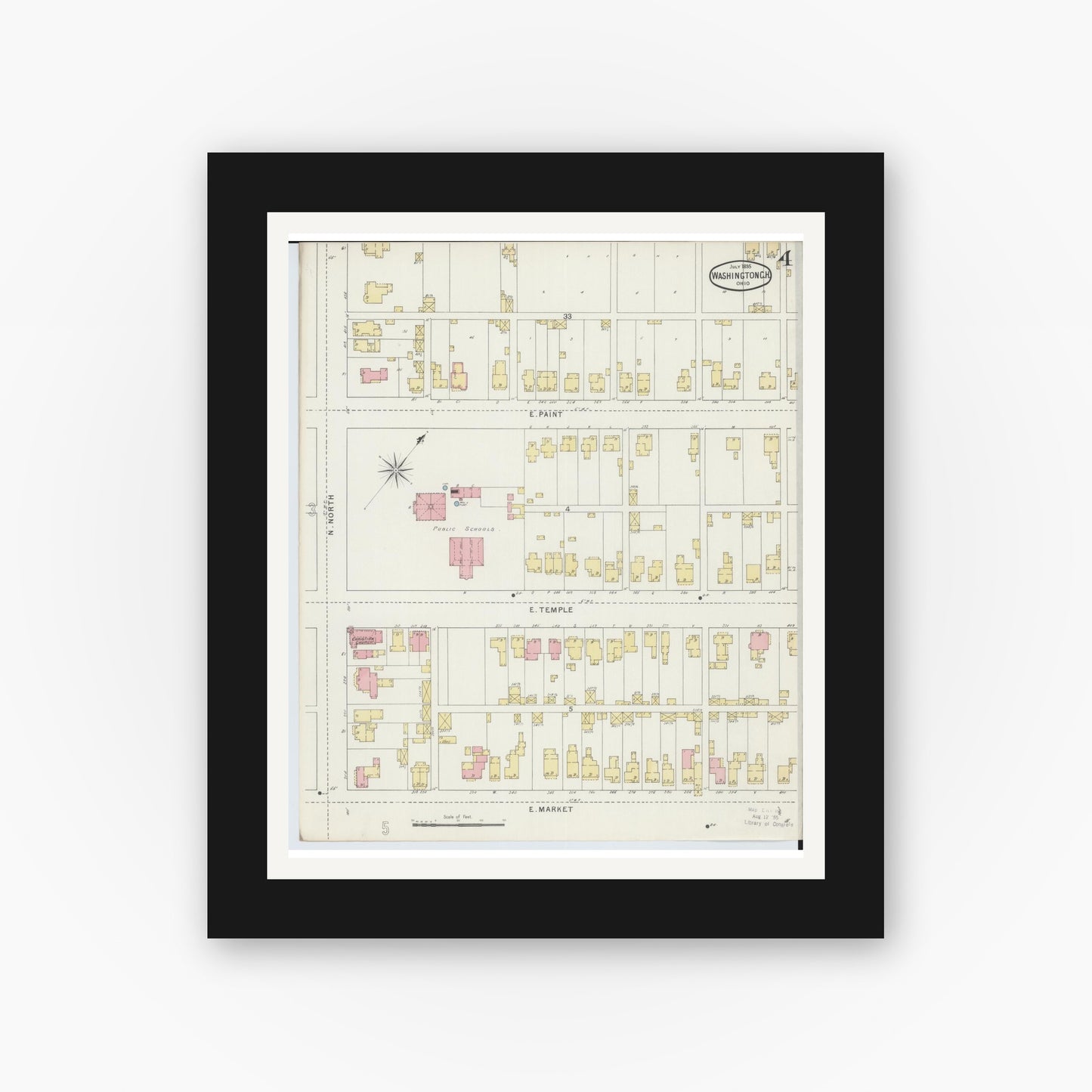 Old map wall art mockup — black gallery frame with white mat — Sanborn Fire Insurance Map from Washington Court House, Fayette County, Ohio (1895), Sheet #0004