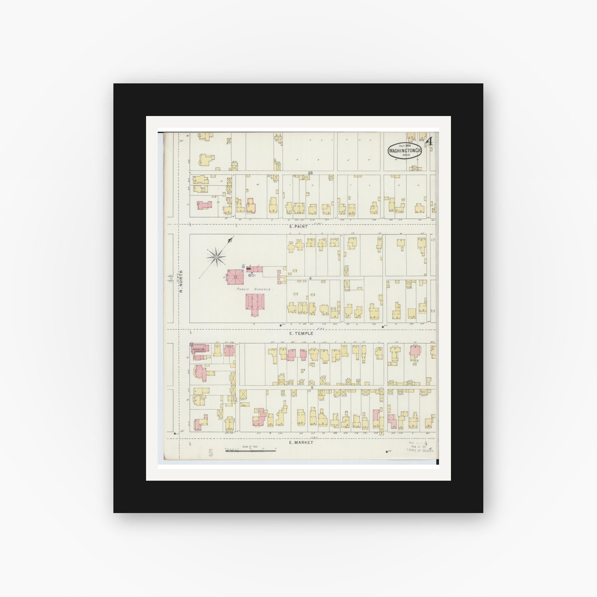 Old map wall art mockup — black gallery frame with white mat — Sanborn Fire Insurance Map from Washington Court House, Fayette County, Ohio (1895), Sheet #0004
