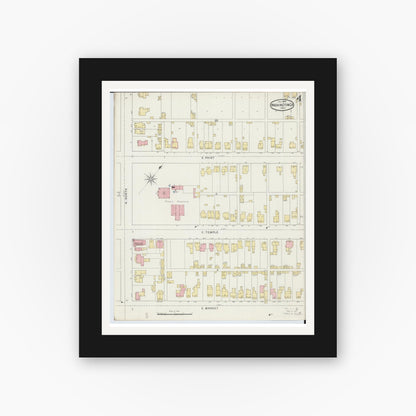 Old map wall art mockup — black gallery frame with white mat — Sanborn Fire Insurance Map from Washington Court House, Fayette County, Ohio (1895), Sheet #0004
