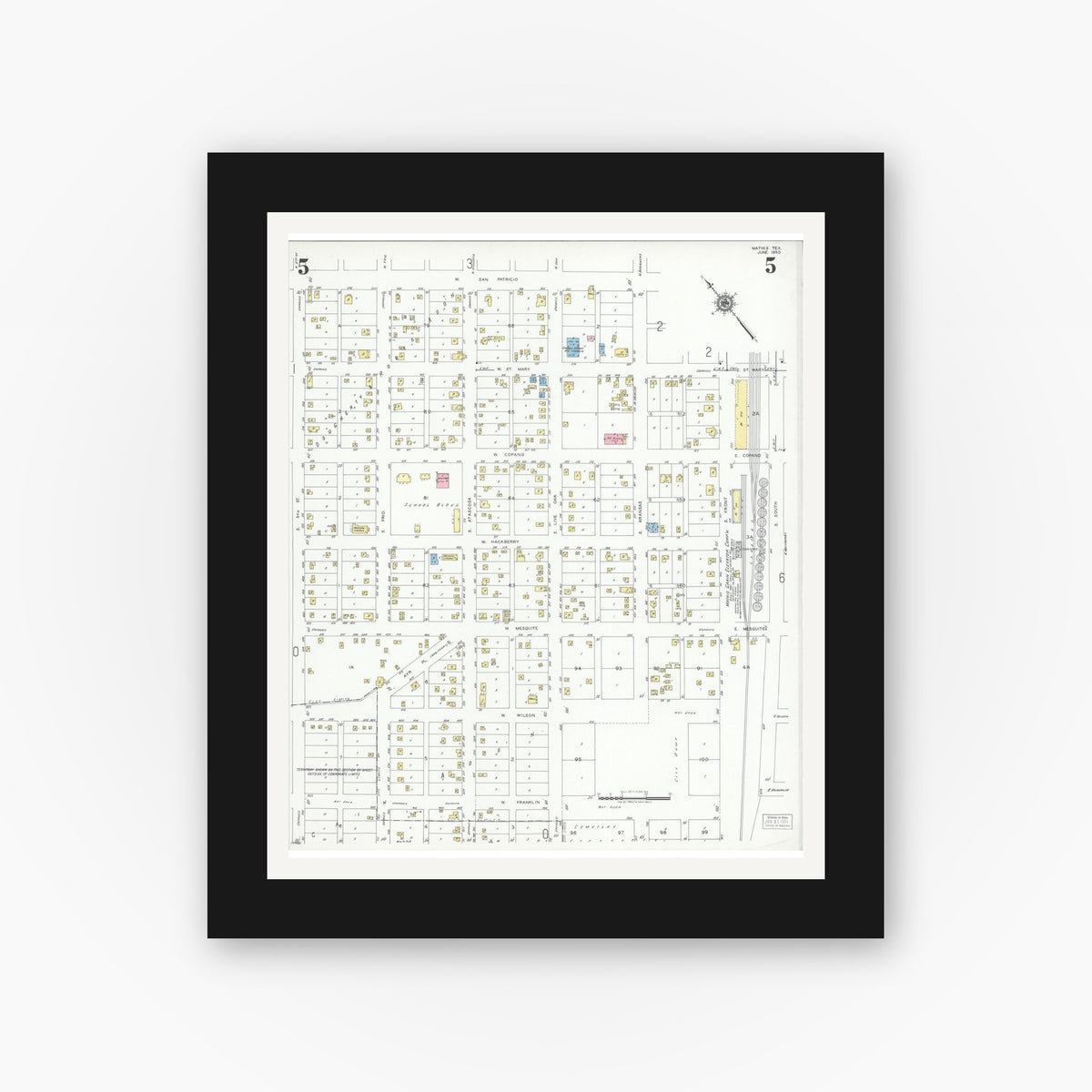 Old map wall art mockup — black gallery frame with white mat — Sanborn Fire Insurance Map from Mathis, San Patricio County, Texas (1950), Sheet #0005