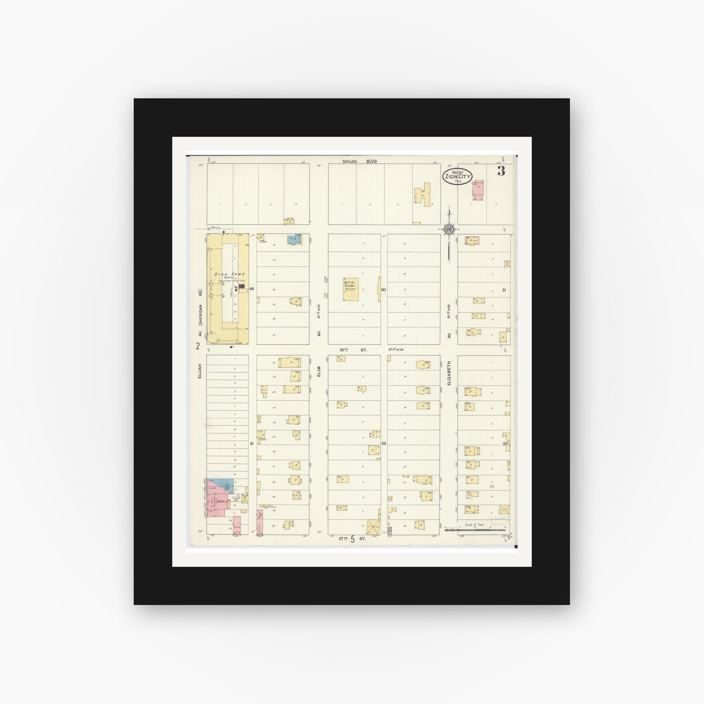 Old map wall art mockup — black gallery frame with white mat — Sanborn Fire Insurance Map from Zion, Lake County, Illinois (1911), Sheet #0003