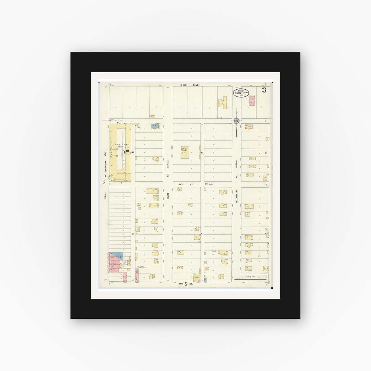 Old map wall art mockup — black gallery frame with white mat — Sanborn Fire Insurance Map from Zion, Lake County, Illinois (1911), Sheet #0003