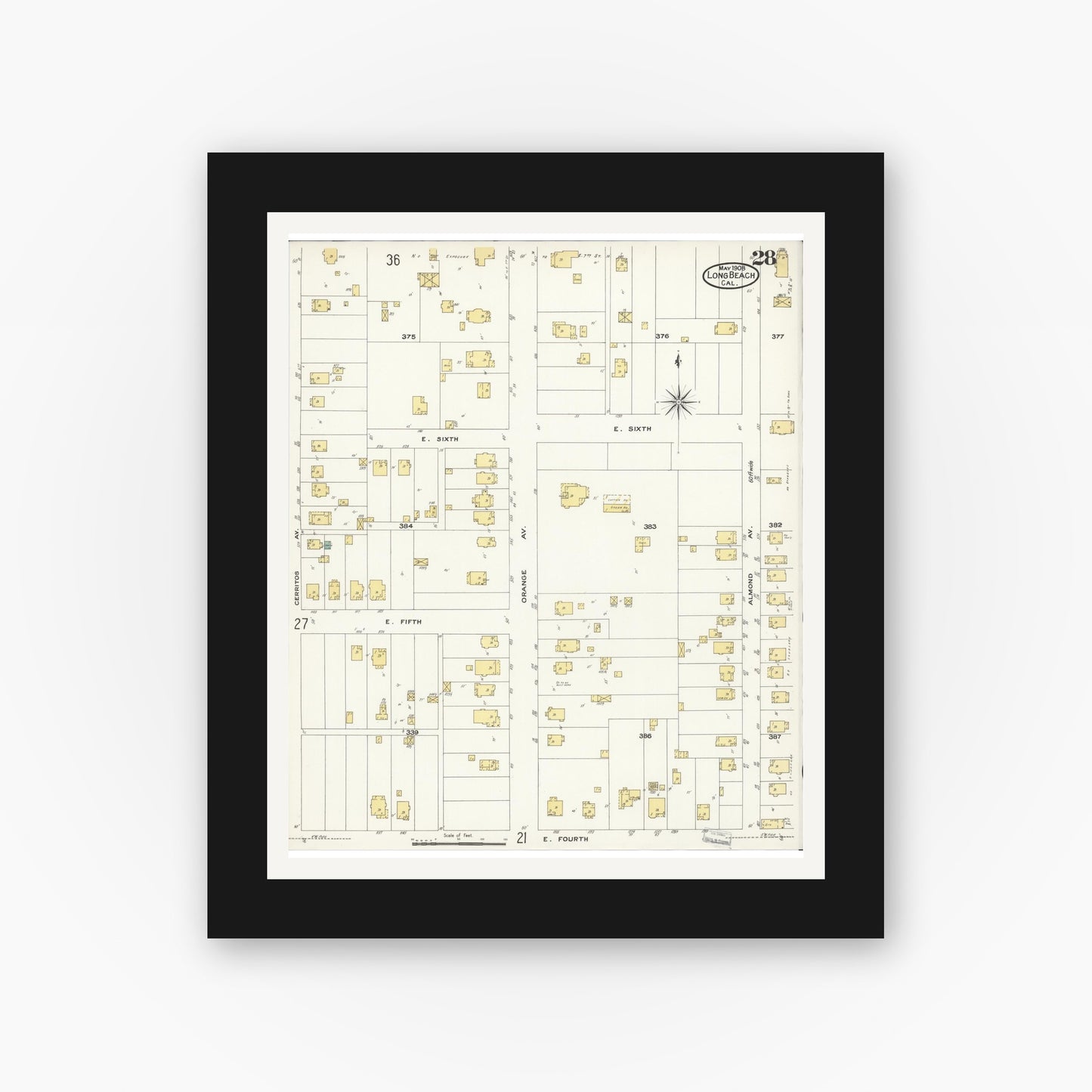 Old map wall art mockup — black gallery frame with white mat — Sanborn Fire Insurance Map from Long Beach, Los Angeles County, California (1908), Sheet #0028