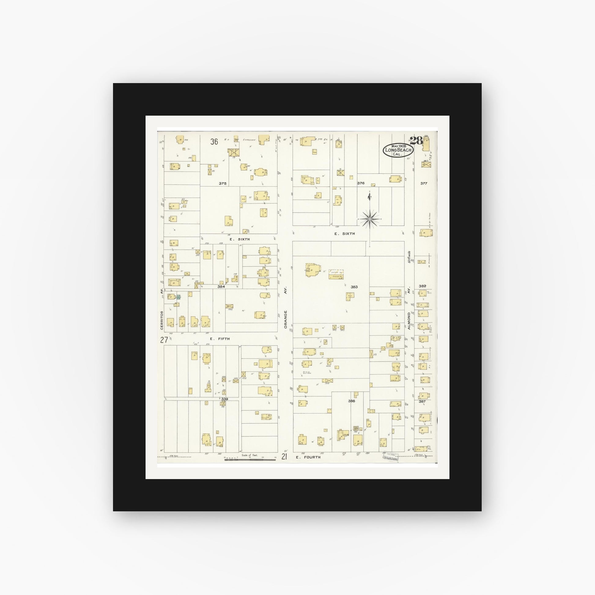 Old map wall art mockup — black gallery frame with white mat — Sanborn Fire Insurance Map from Long Beach, Los Angeles County, California (1908), Sheet #0028