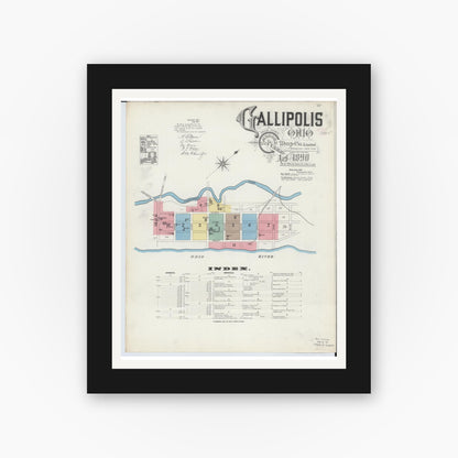 Old map wall art mockup — black gallery frame with white mat — Sanborn Fire Insurance Map from Gallipolis, Gallia County, Ohio (1890) - Complete Map Set