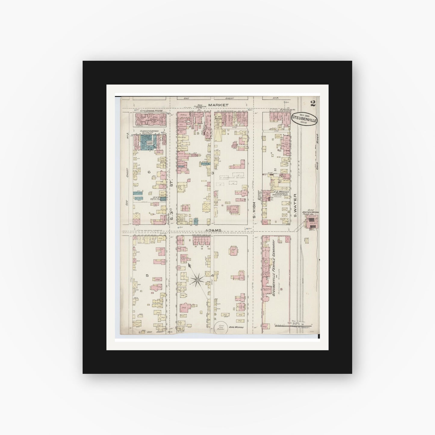 Old map wall art mockup — black gallery frame with white mat — Sanborn Fire Insurance Map from Steubenville, Jefferson County, Ohio (1885), Sheet #0002