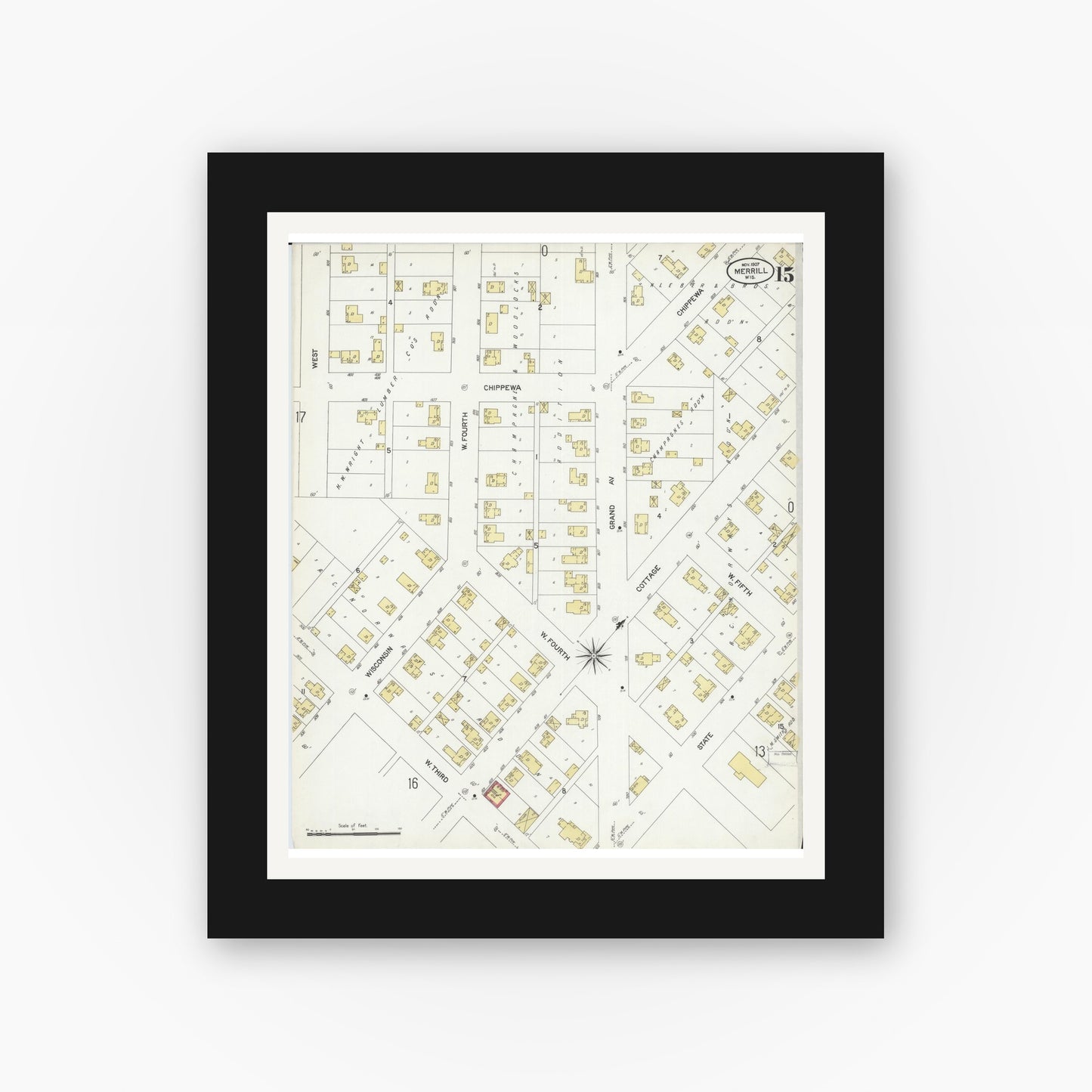 Old map wall art mockup — black gallery frame with white mat — Sanborn Fire Insurance Map from Merrill, Lincoln County, Wisconsin (1907), Sheet #0015